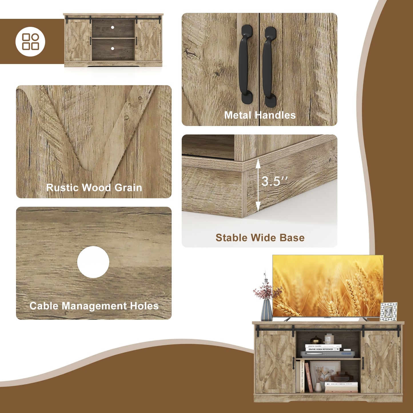 Farmhouse Media Console Table with Sliding Doors, Open Shelves, and Cabinet Storage for 65 Inch TVs