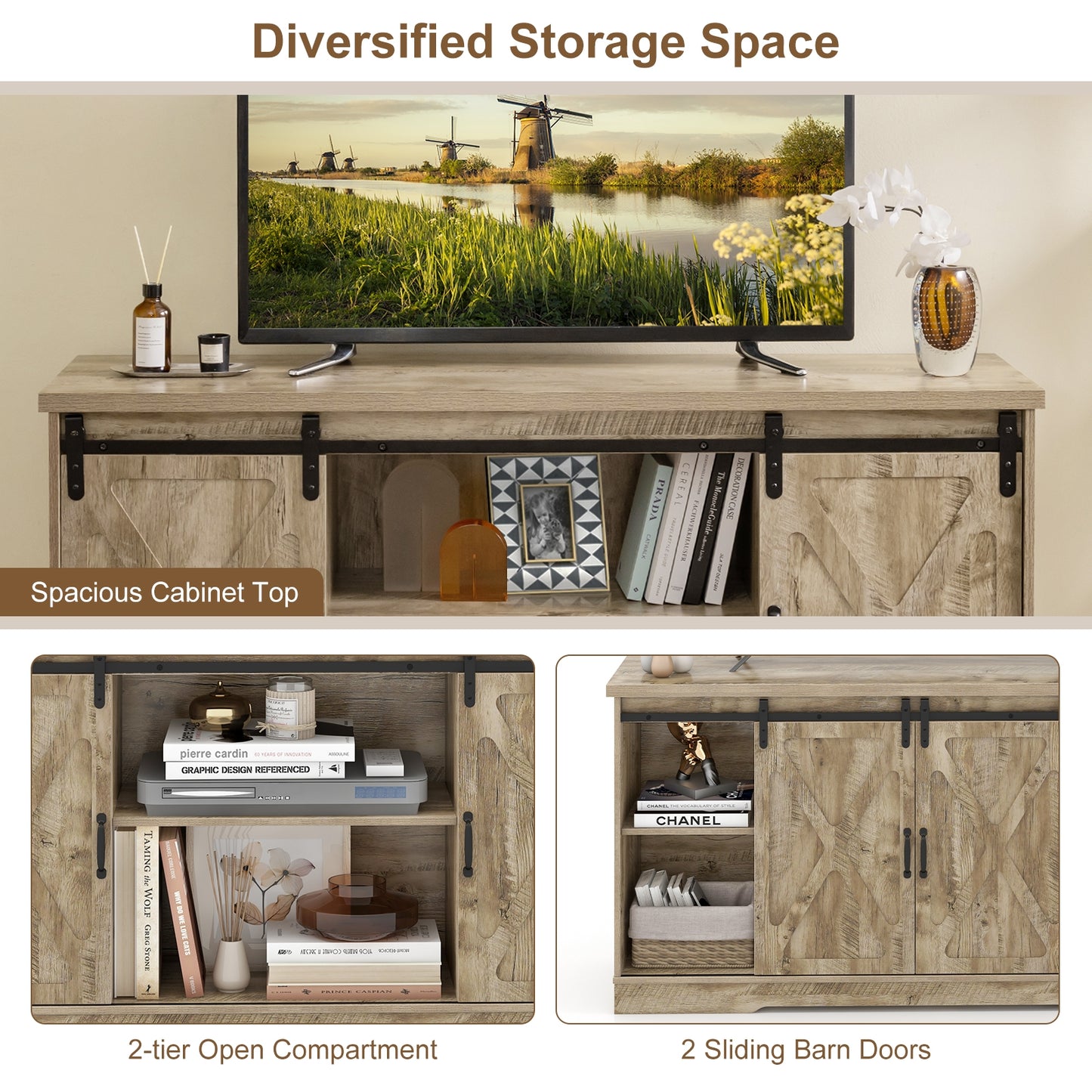 Farmhouse Media Console Table with Sliding Doors, Open Shelves, and Cabinet Storage for 65 Inch TVs