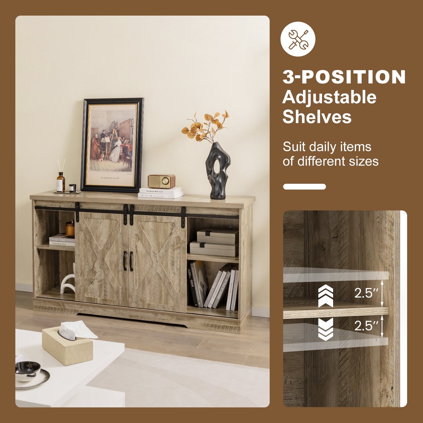 Farmhouse Media Console Table with Sliding Doors, Open Shelves, and Cabinet Storage for 65 Inch TVs