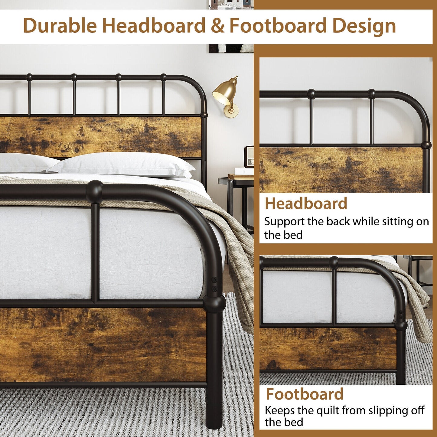 Queen Size Industrial Metal Platform Bed Frame with Headboard - Sturdy Mattress Foundation