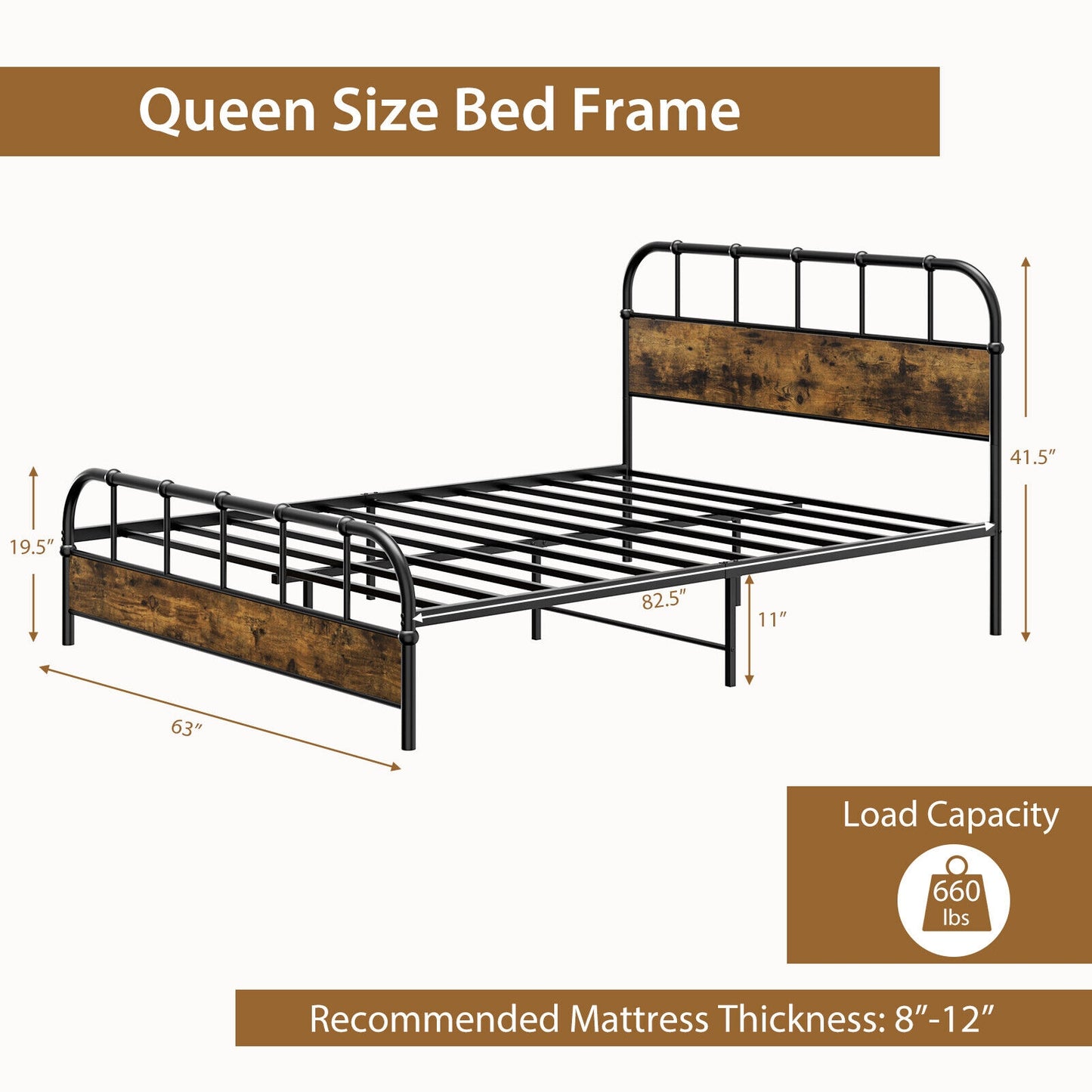 Queen Size Industrial Metal Platform Bed Frame with Headboard - Sturdy Mattress Foundation
