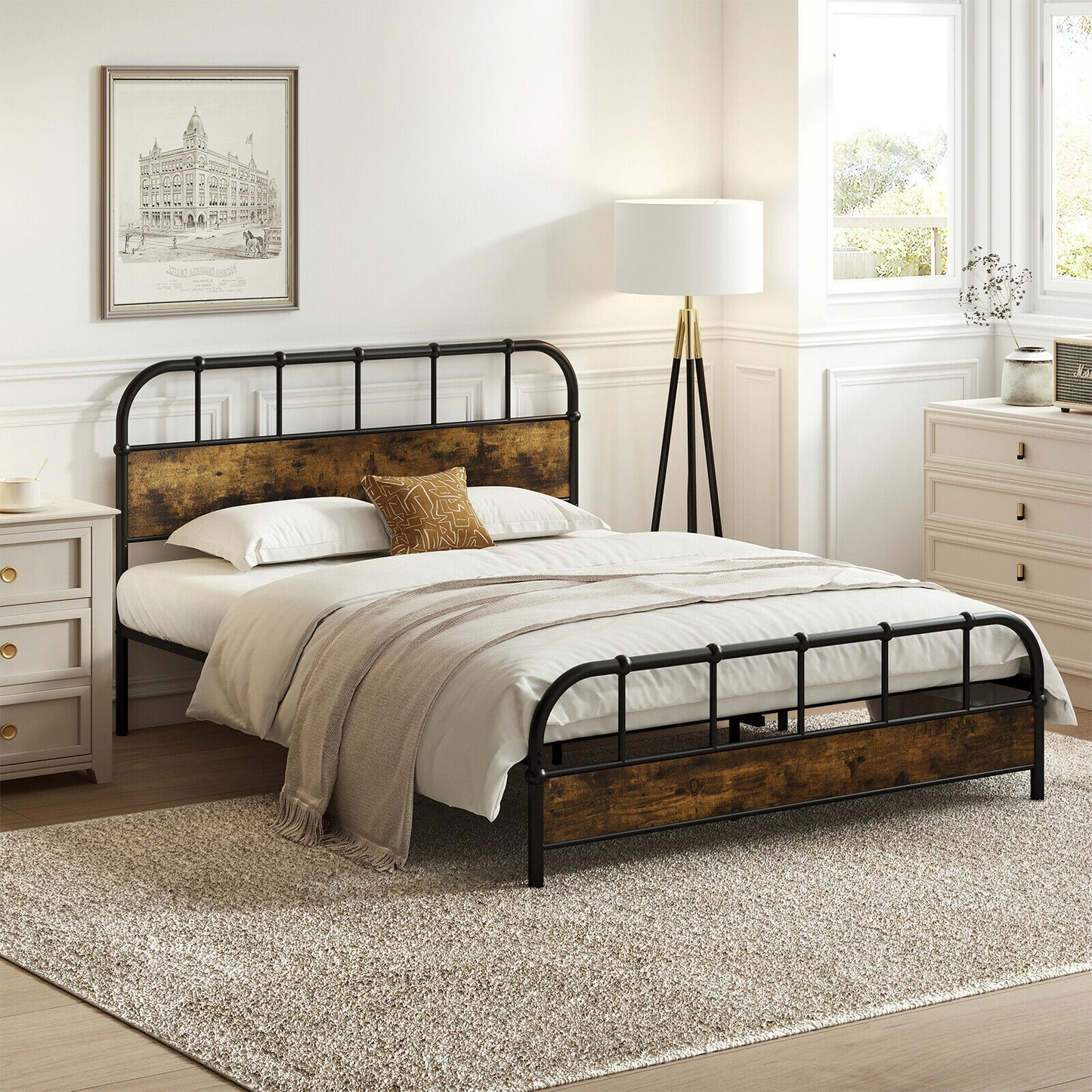Queen Size Industrial Metal Platform Bed Frame with Headboard - Sturdy Mattress Foundation