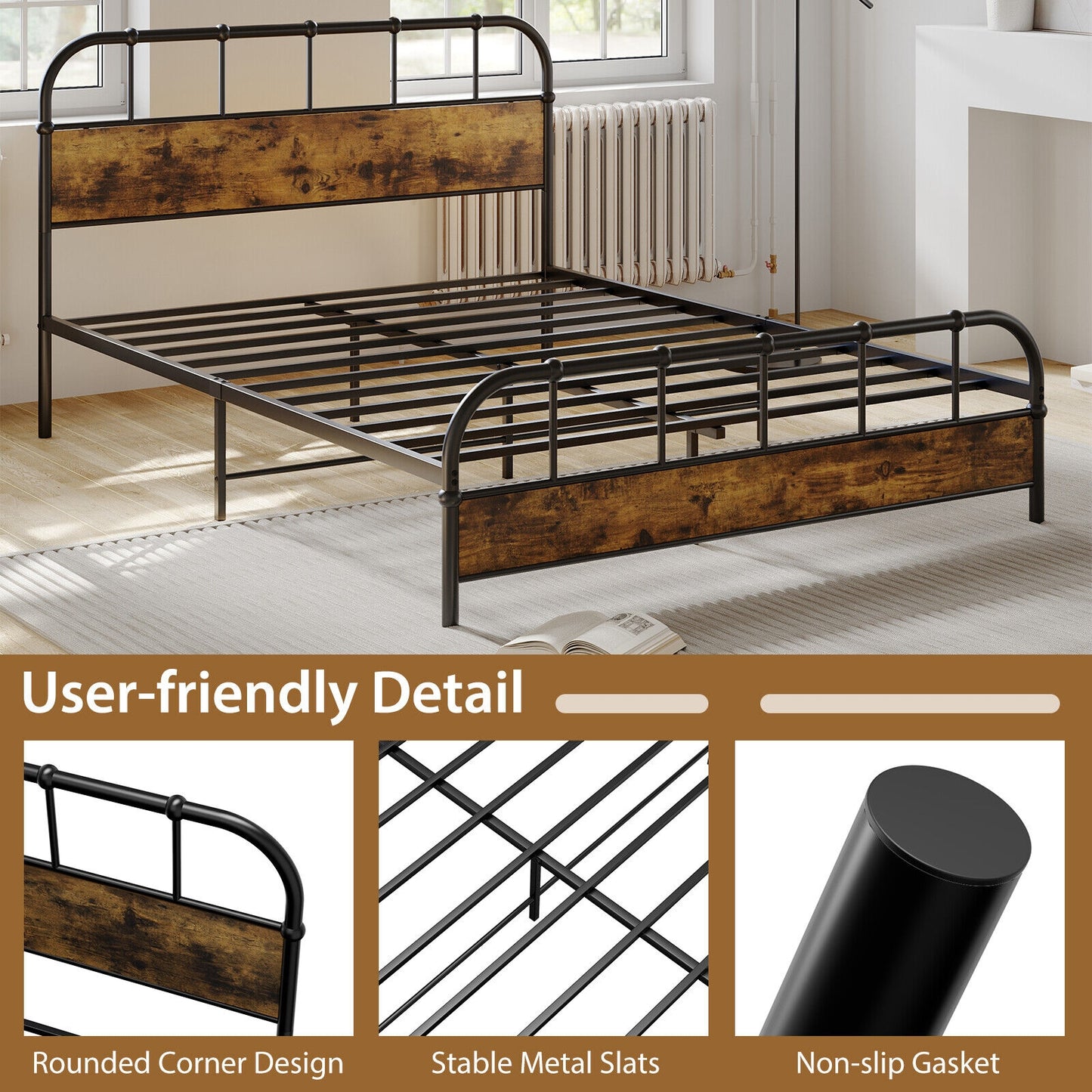 Queen Size Industrial Metal Platform Bed Frame with Headboard - Sturdy Mattress Foundation