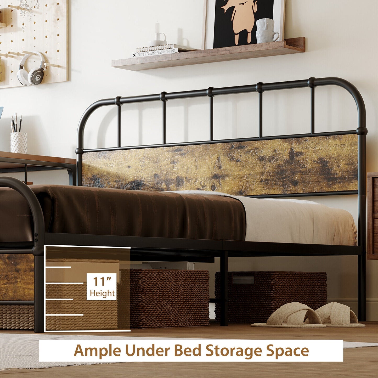 Queen Size Industrial Metal Platform Bed Frame with Headboard - Sturdy Mattress Foundation
