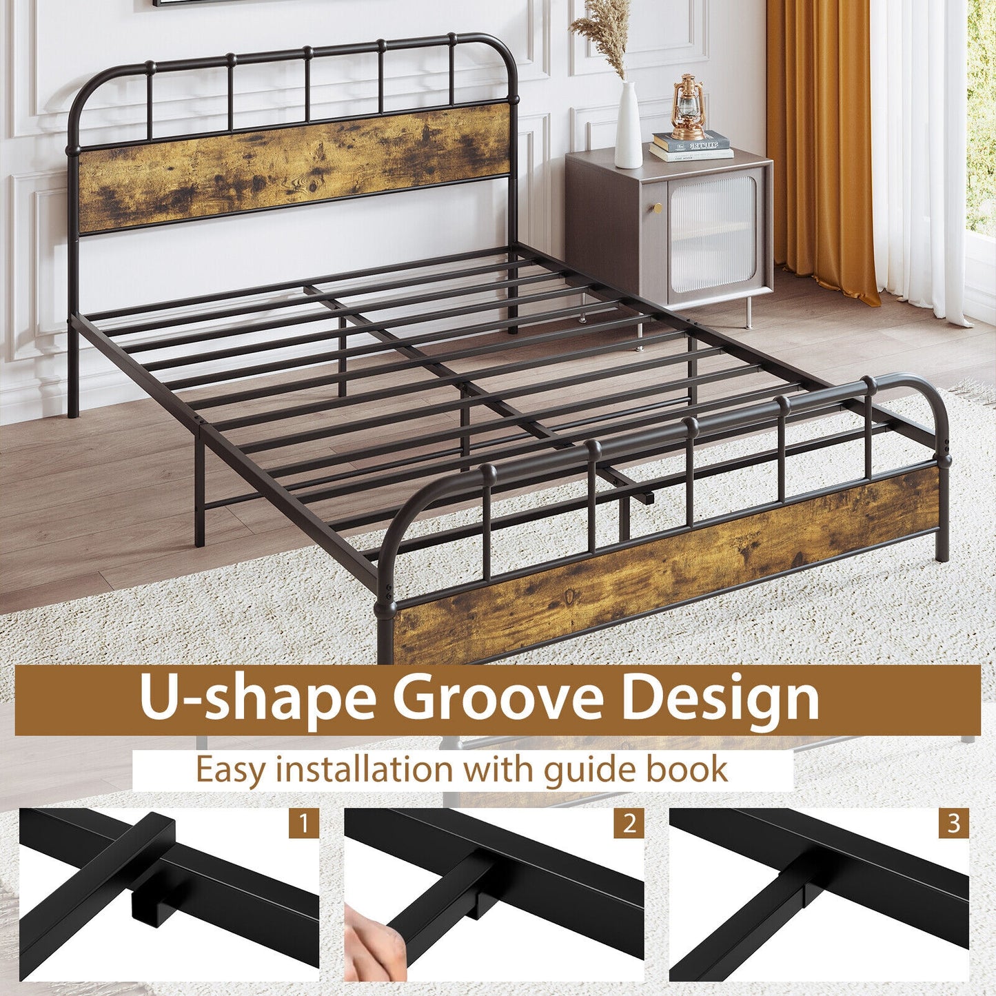 Queen Size Industrial Metal Platform Bed Frame with Headboard - Sturdy Mattress Foundation