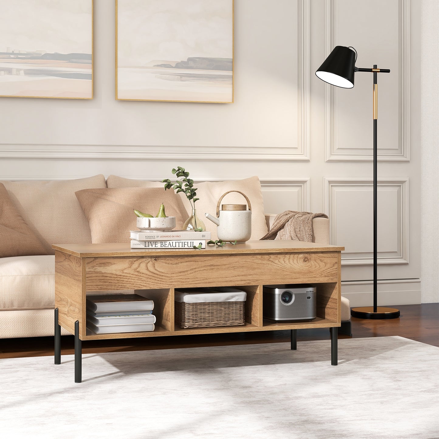 Lift-Top Coffee Table with Hidden Storage, Open Cubbies, and Metal Legs for Living Room