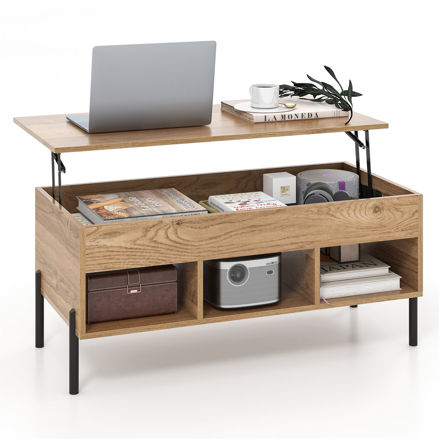 Lift-Top Coffee Table with Hidden Storage, Open Cubbies, and Metal Legs for Living Room