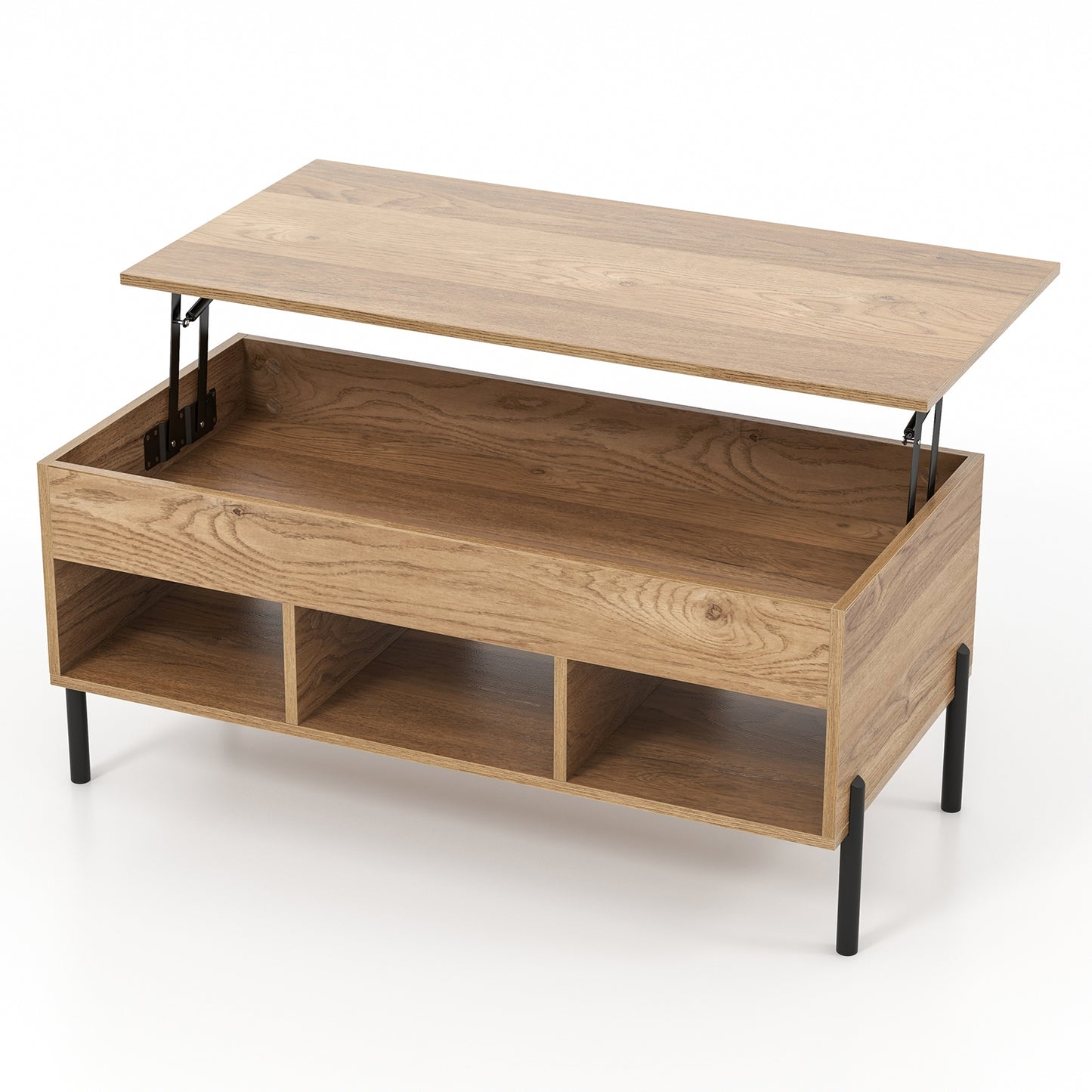Lift-Top Coffee Table with Hidden Storage, Open Cubbies, and Metal Legs for Living Room