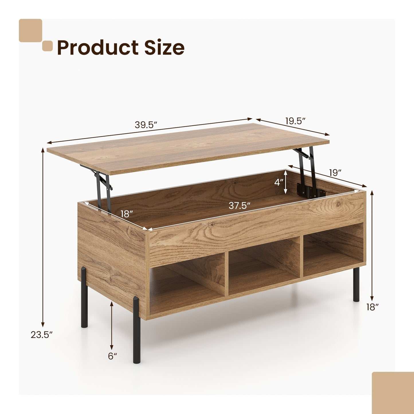 Lift-Top Coffee Table with Hidden Storage, Open Cubbies, and Metal Legs for Living Room