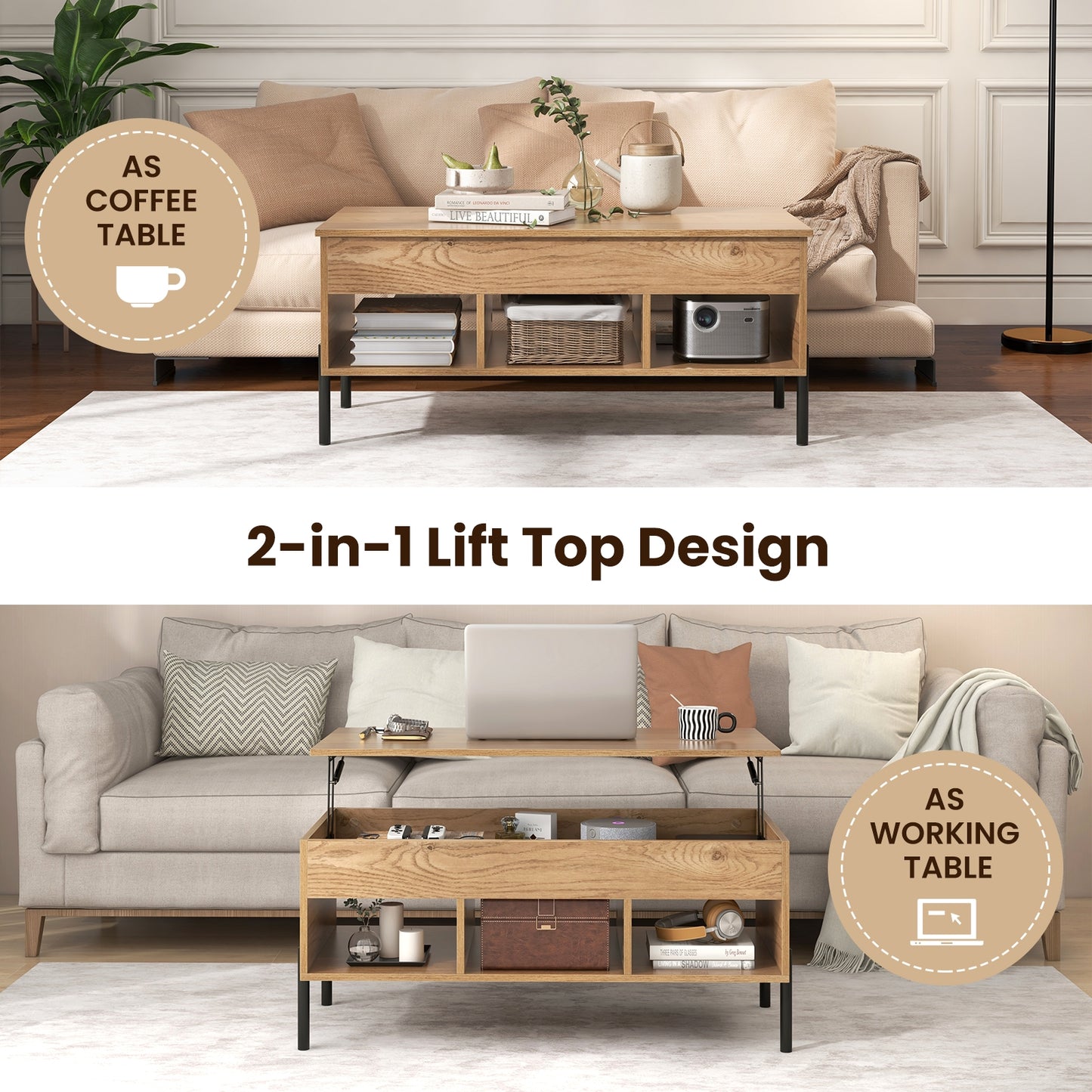Lift-Top Coffee Table with Hidden Storage, Open Cubbies, and Metal Legs for Living Room
