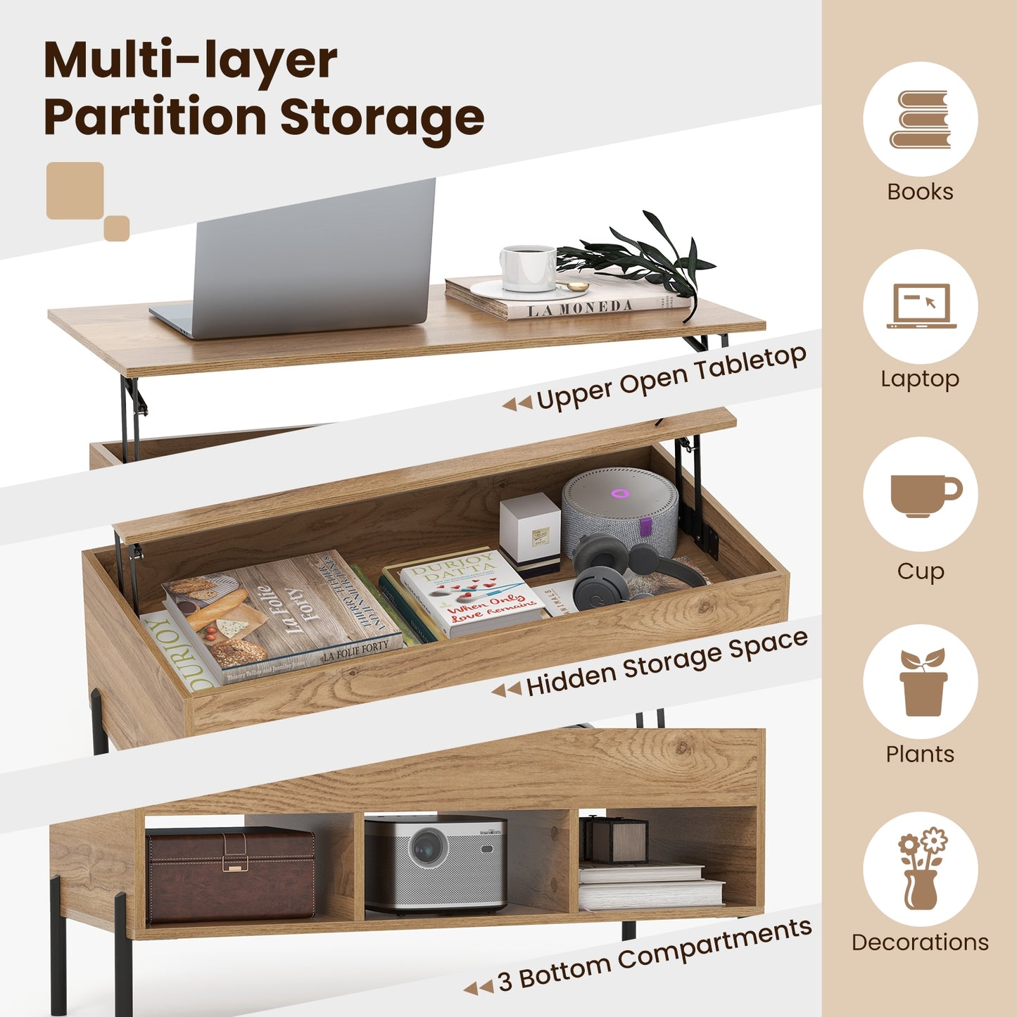 Lift-Top Coffee Table with Hidden Storage, Open Cubbies, and Metal Legs for Living Room