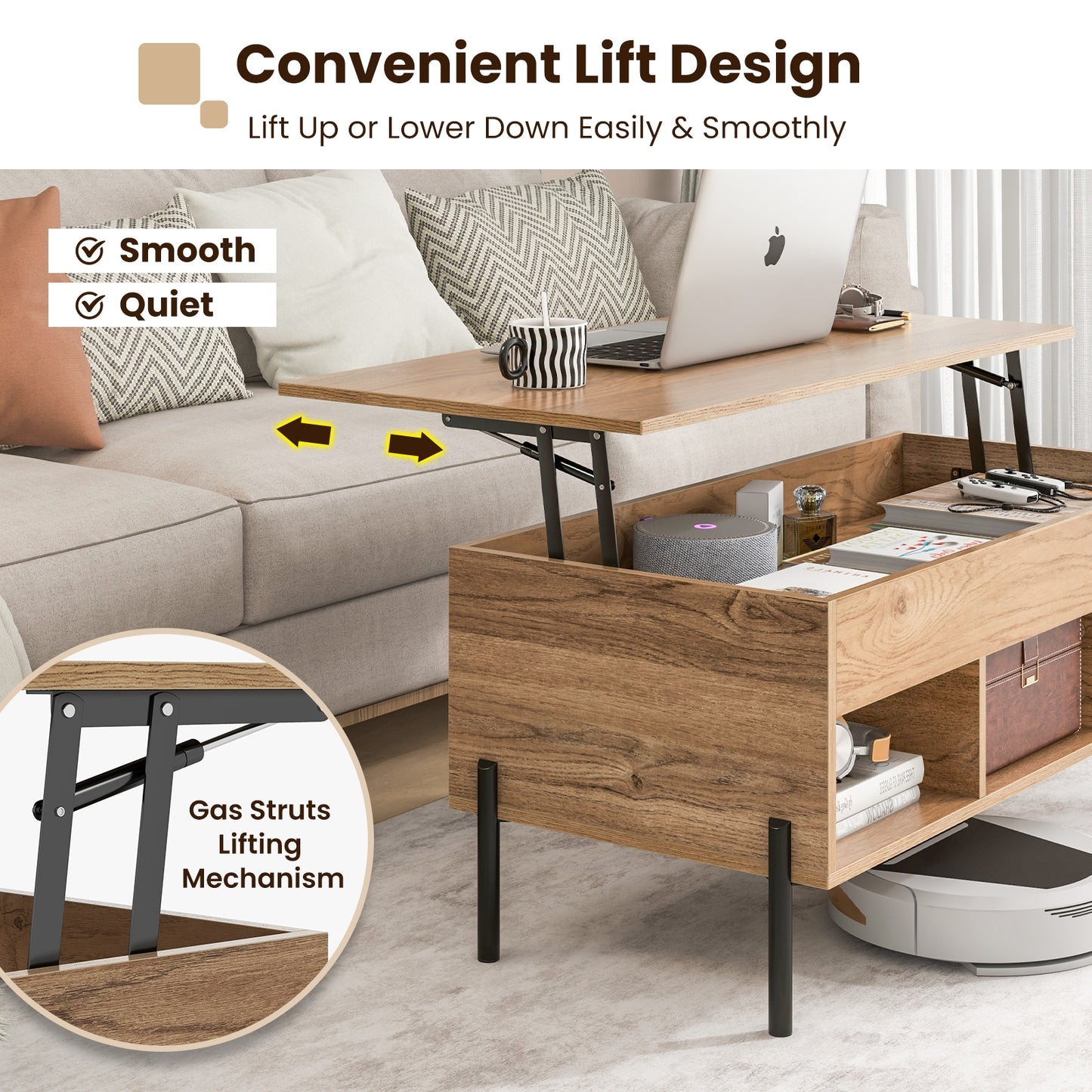Lift-Top Coffee Table with Hidden Storage, Open Cubbies, and Metal Legs for Living Room