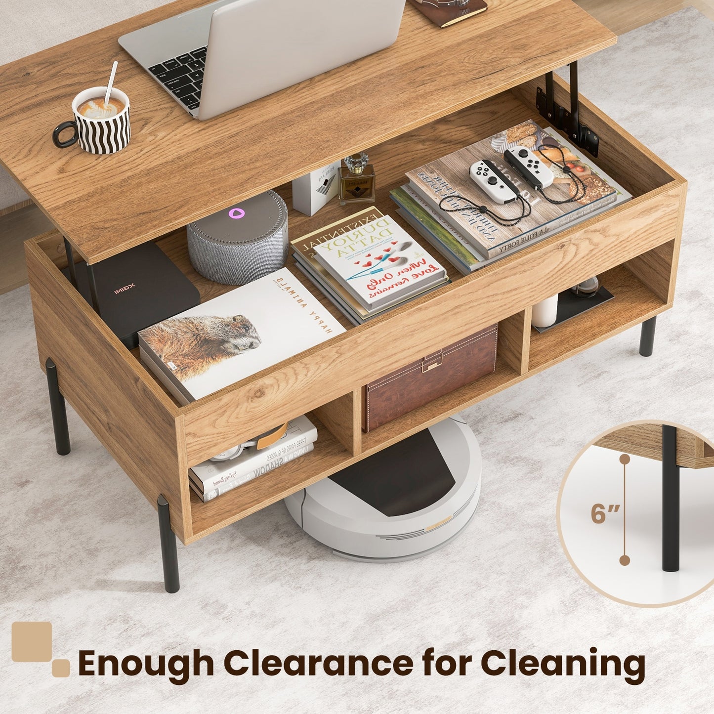 Lift-Top Coffee Table with Hidden Storage, Open Cubbies, and Metal Legs for Living Room