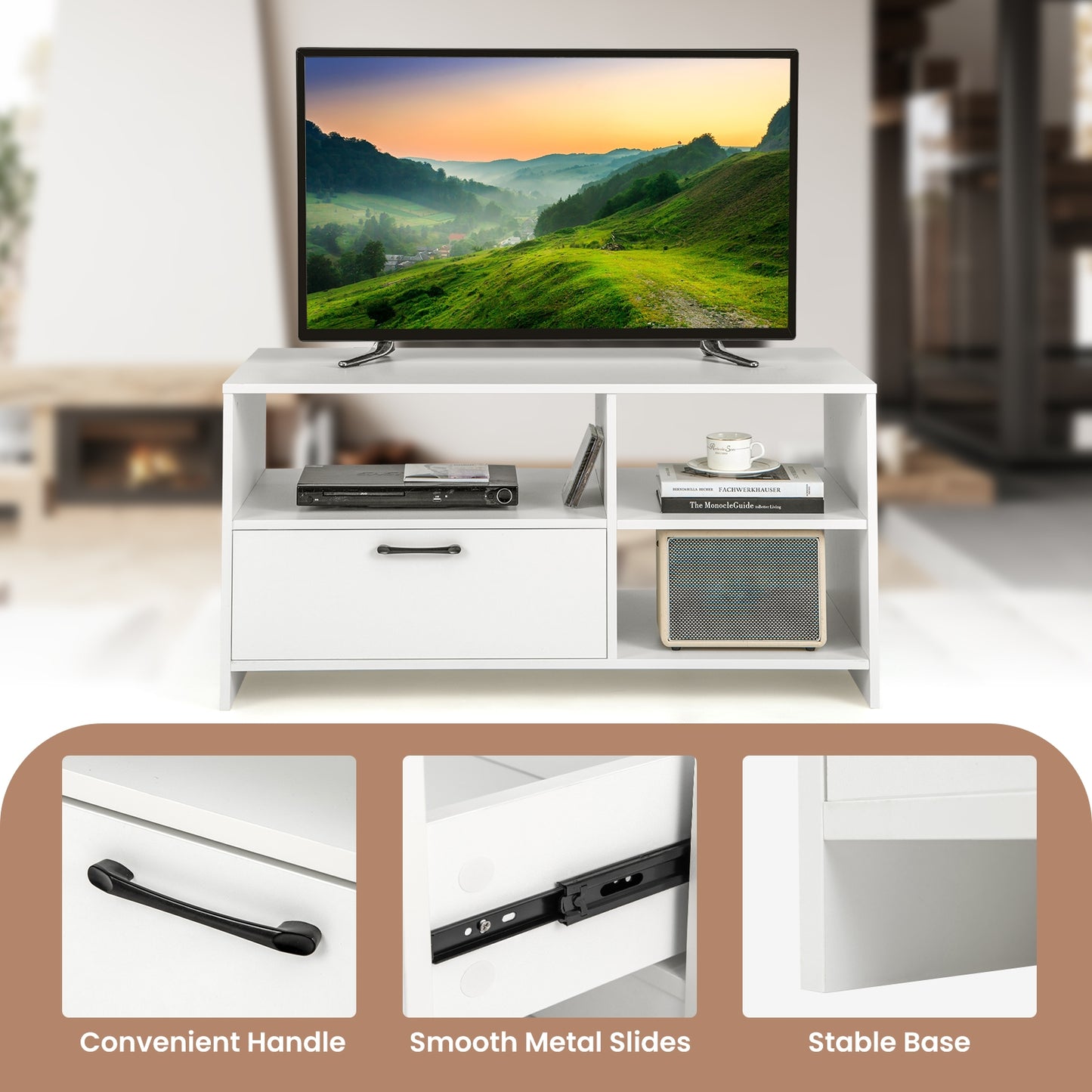 Modern TV Stand with 3 Open Compartments and Storage Drawer for TVs up to 50 Inches