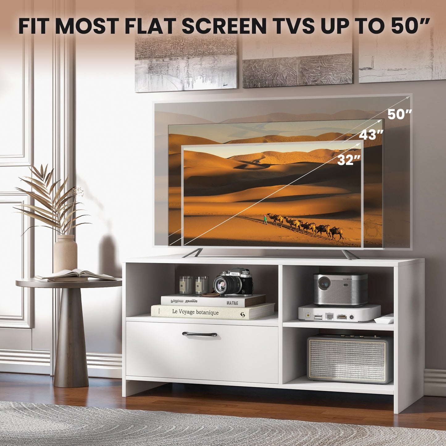 Modern TV Stand with 3 Open Compartments and Storage Drawer for TVs up to 50 Inches