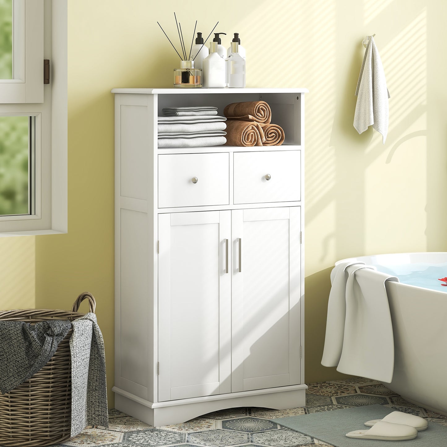 Freestanding Bathroom Storage Cabinet with 2 Doors, 2 Drawers, and Adjustable Shelves