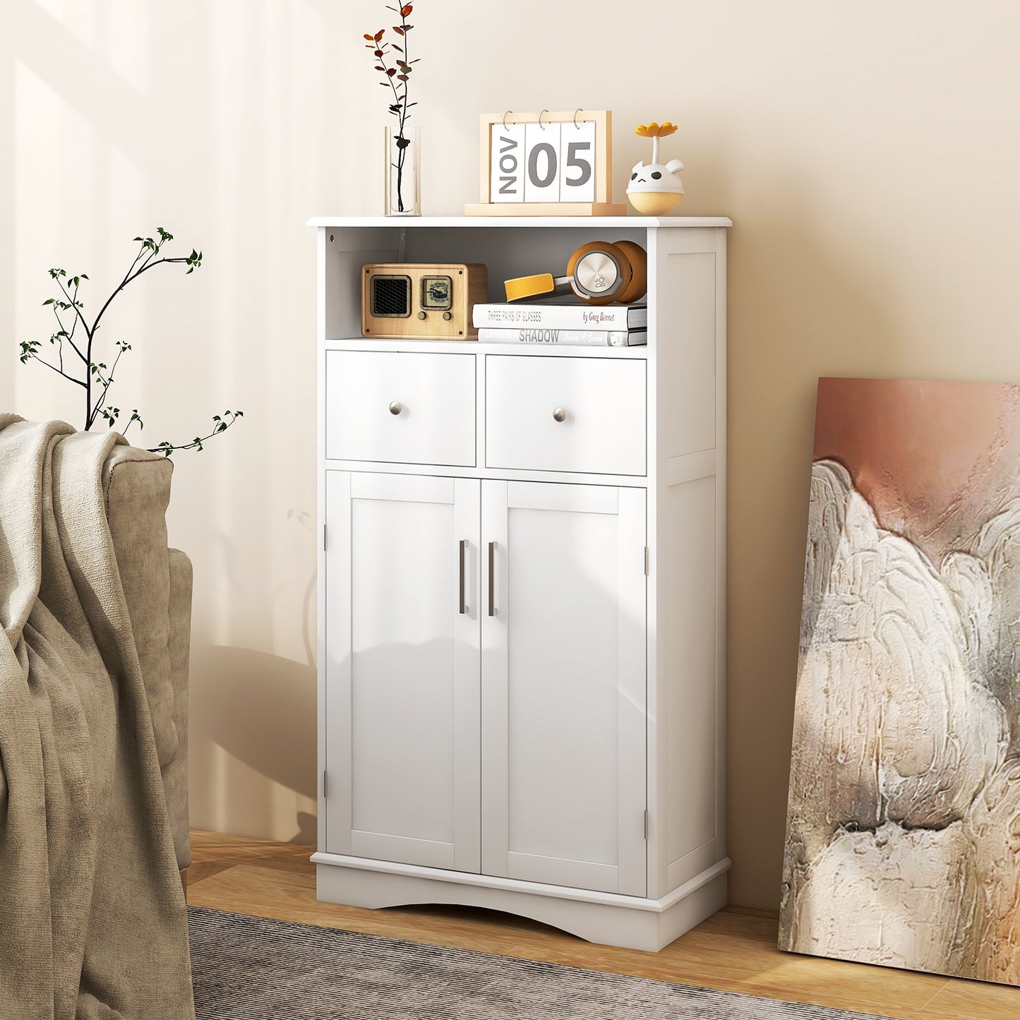Freestanding Bathroom Storage Cabinet with 2 Doors, 2 Drawers, and Adjustable Shelves
