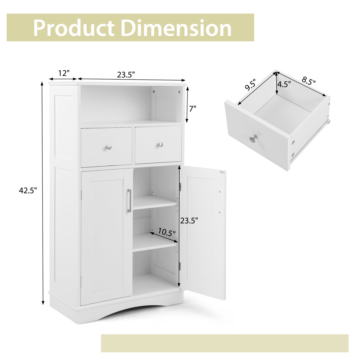 Freestanding Bathroom Storage Cabinet with 2 Doors, 2 Drawers, and Adjustable Shelves
