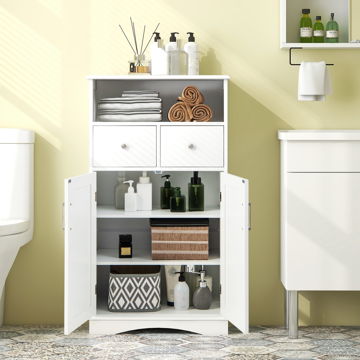 Freestanding Bathroom Storage Cabinet with 2 Doors, 2 Drawers, and Adjustable Shelves