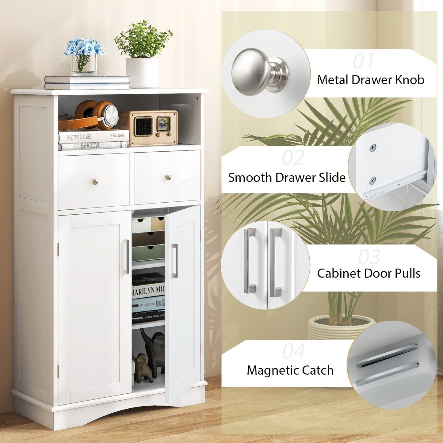 Freestanding Bathroom Storage Cabinet with 2 Doors, 2 Drawers, and Adjustable Shelves