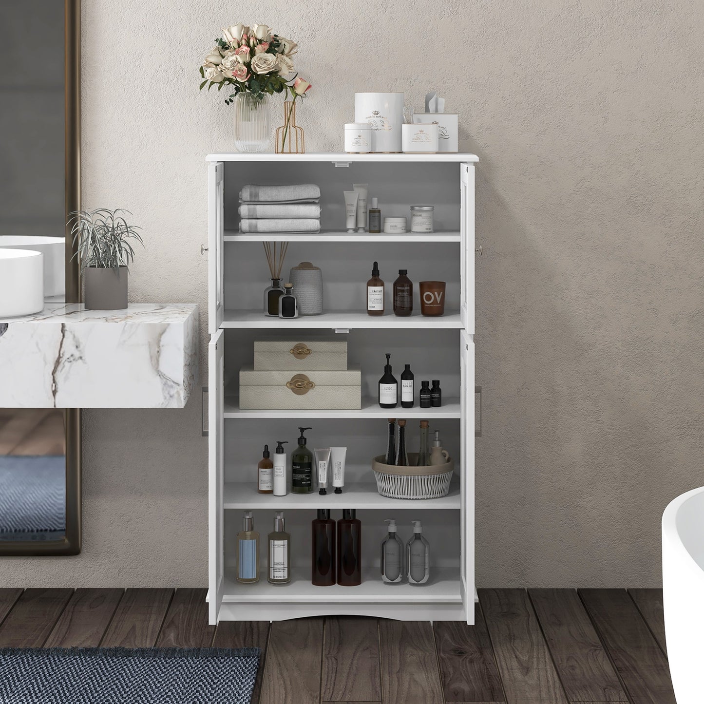 5 Tier Freestanding Storage Cabinet with 4 Doors & Adjustable Shelves