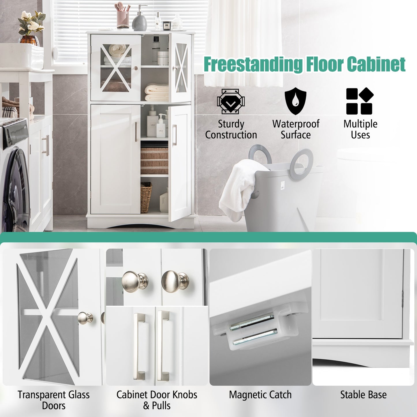 5 Tier Freestanding Storage Cabinet with 4 Doors & Adjustable Shelves