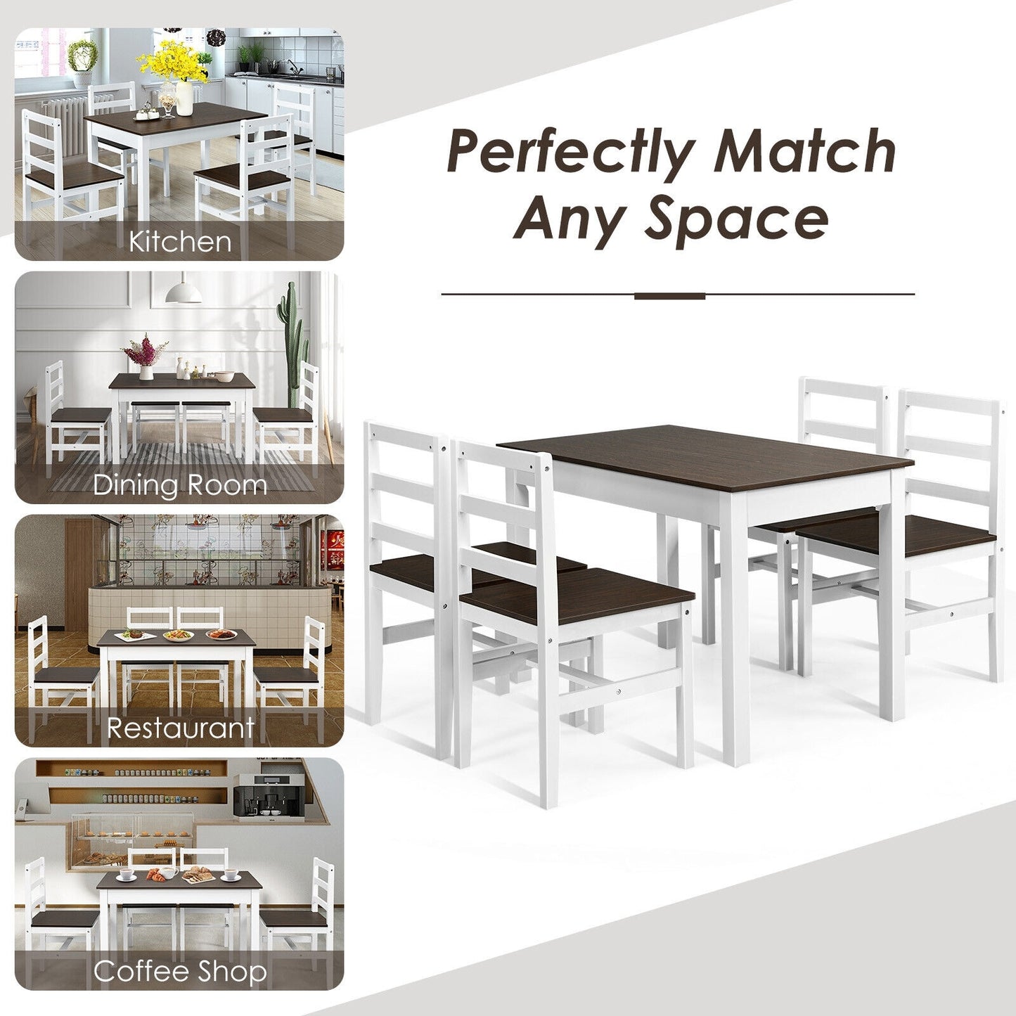 5 Piece Solid Wood Kitchen Dining Set with Bench and Chairs