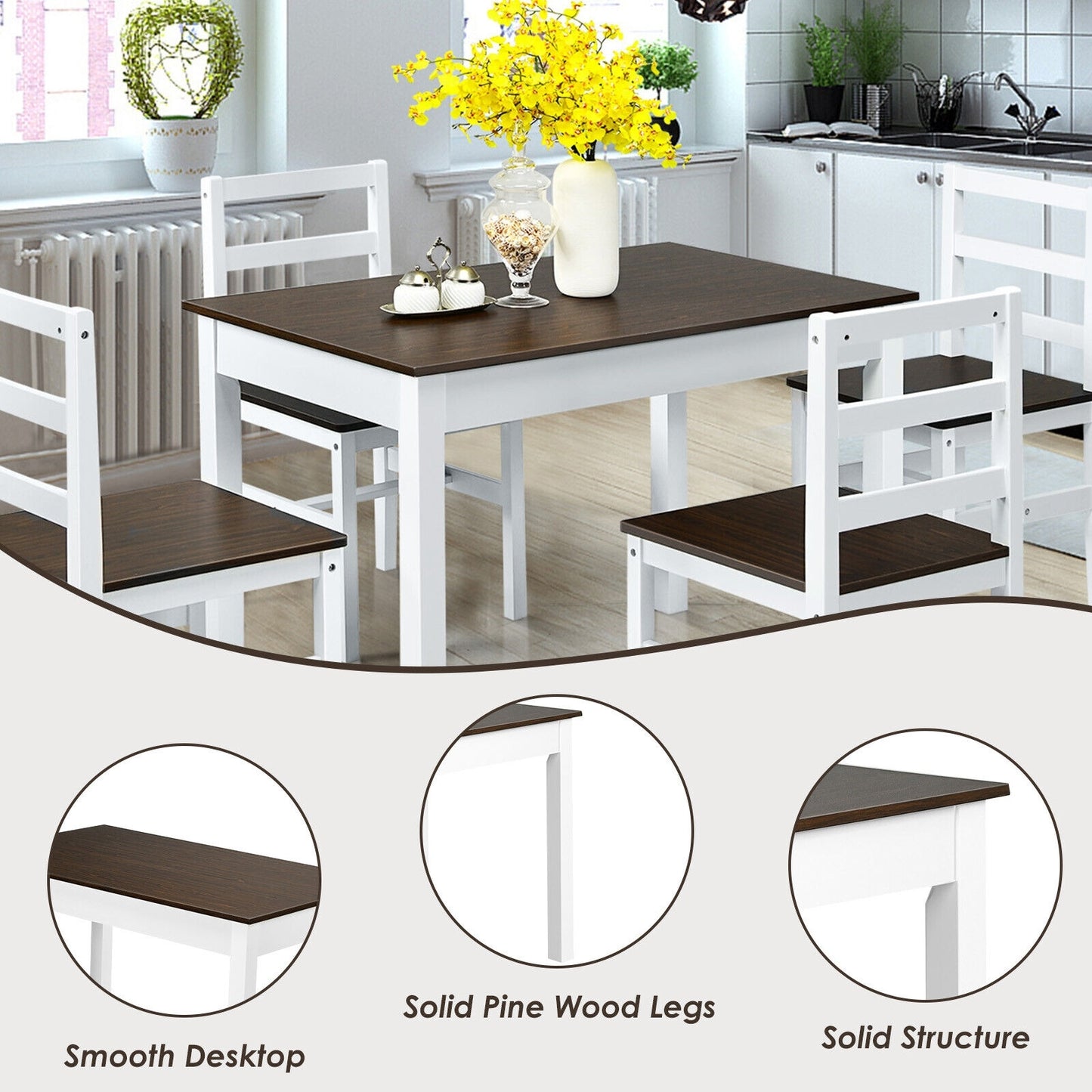 5 Piece Solid Wood Kitchen Dining Set with Bench and Chairs