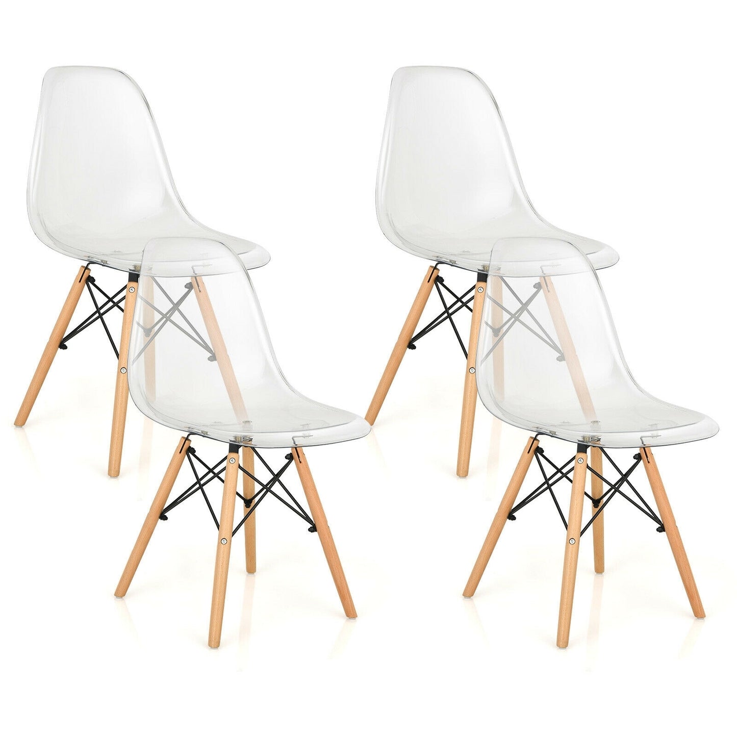 Modern Dining Chairs with Clear Plastic Shell and Natural Wood Legs - Set of 4