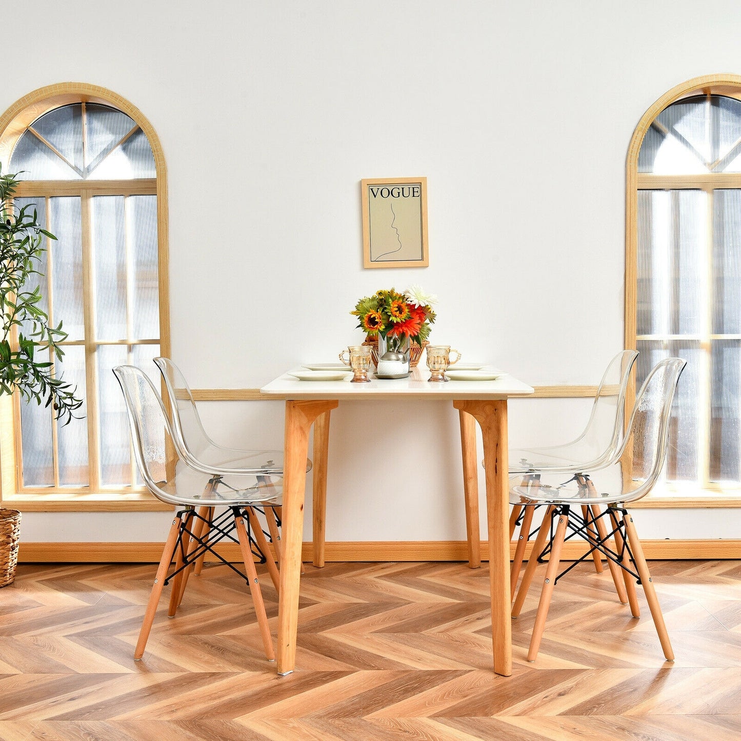 Modern Dining Chairs with Clear Plastic Shell and Natural Wood Legs - Set of 4