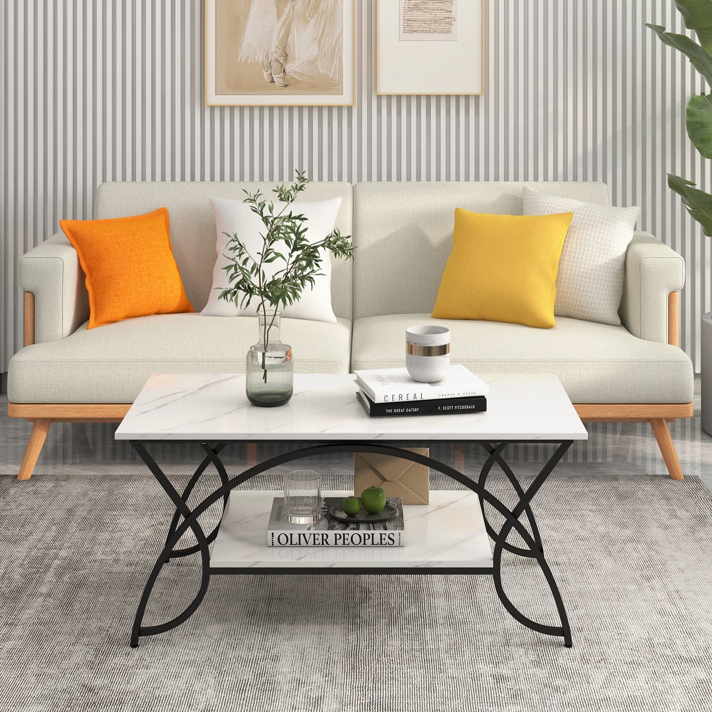 Modern 2 Tier Faux Marble Coffee Table with Metal Frame – Black & White
