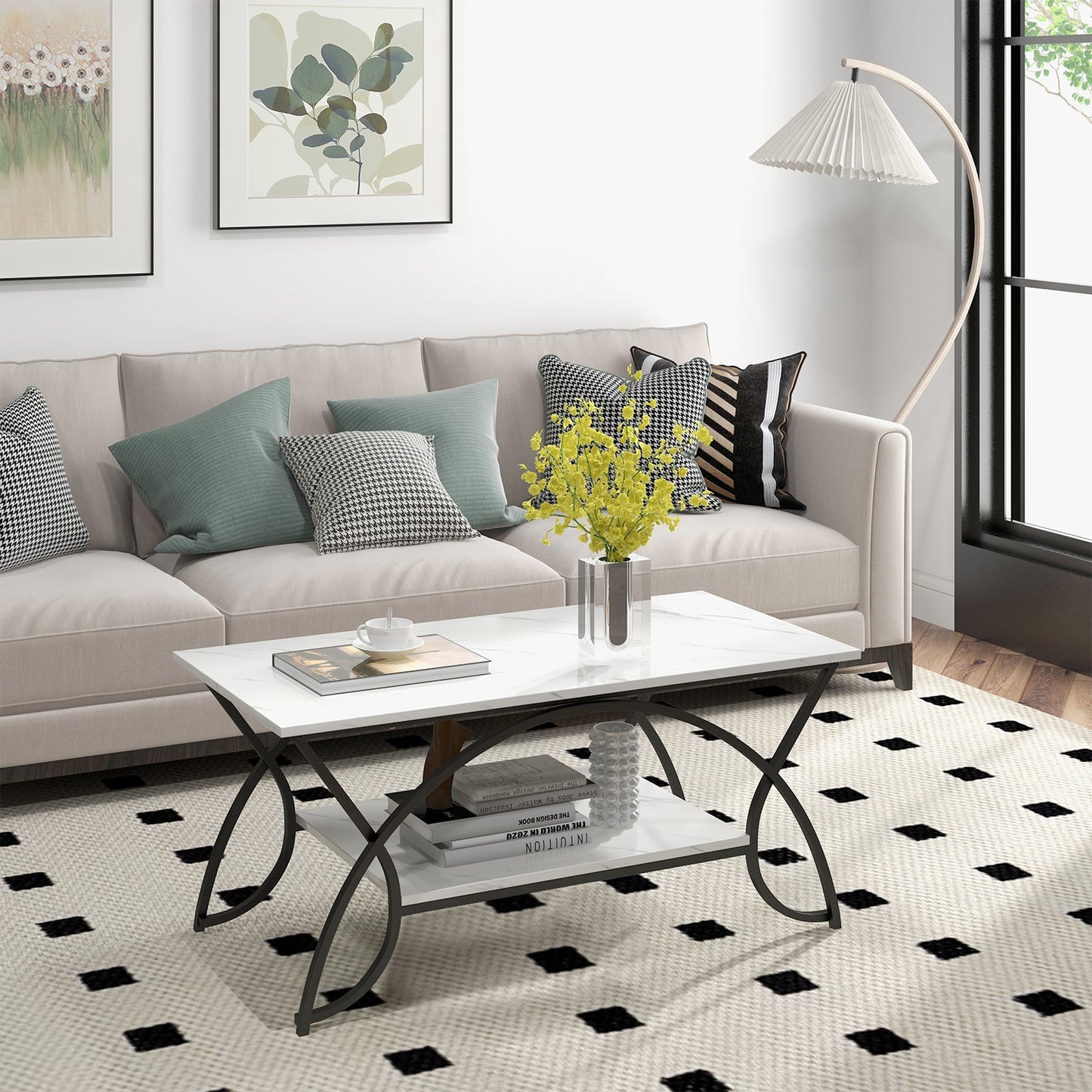 Modern 2 Tier Faux Marble Coffee Table with Metal Frame – Black & White