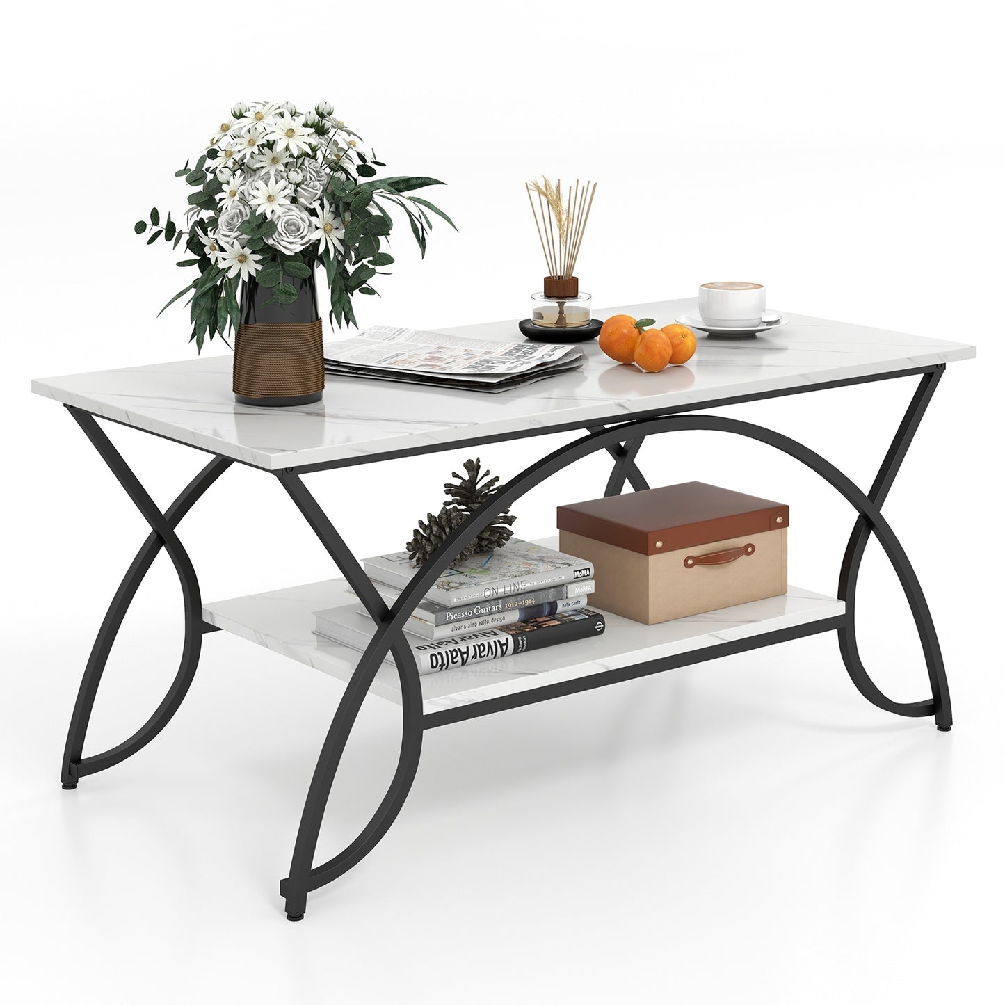 Modern 2 Tier Faux Marble Coffee Table with Metal Frame – Black & White