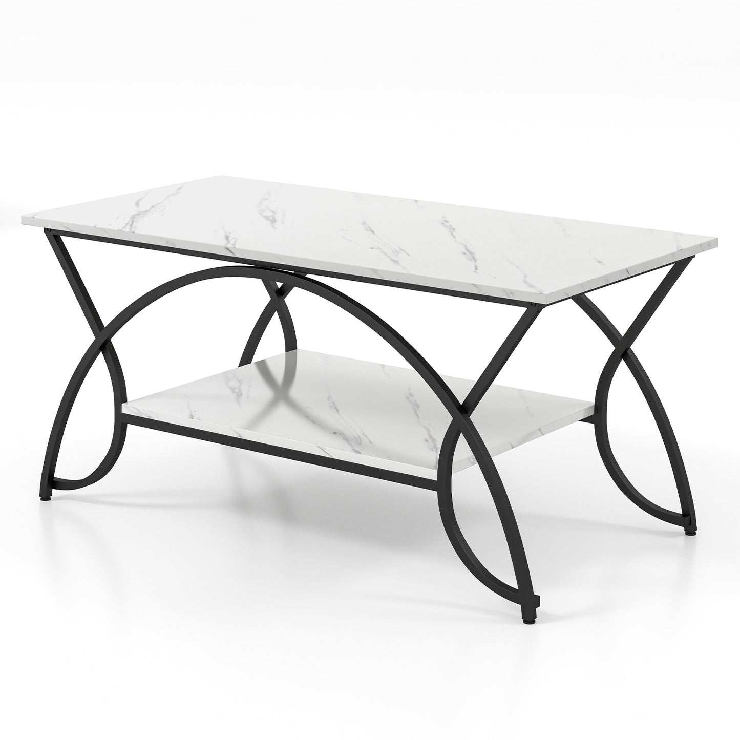 Modern 2 Tier Faux Marble Coffee Table with Metal Frame – Black & White