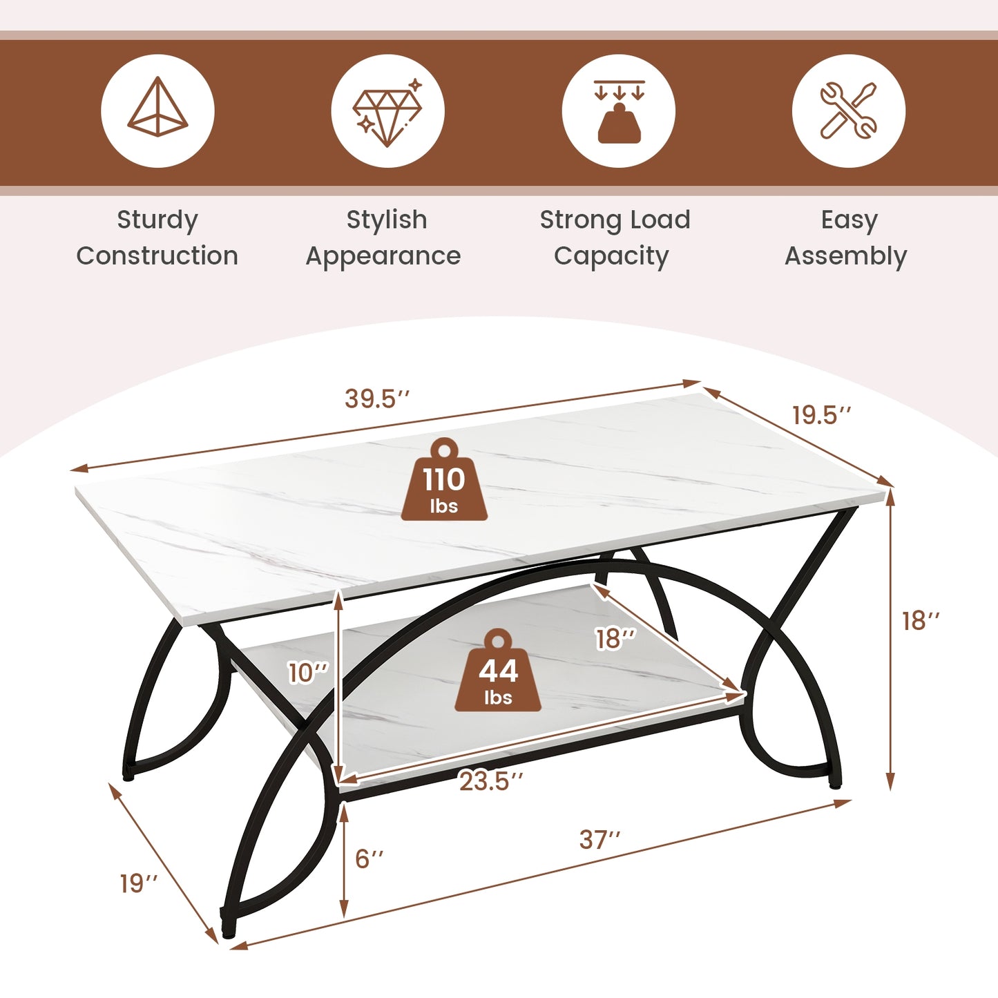 Modern 2 Tier Faux Marble Coffee Table with Metal Frame – Black & White