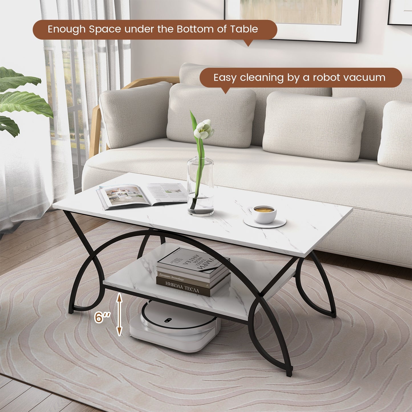 Modern 2 Tier Faux Marble Coffee Table with Metal Frame – Black & White