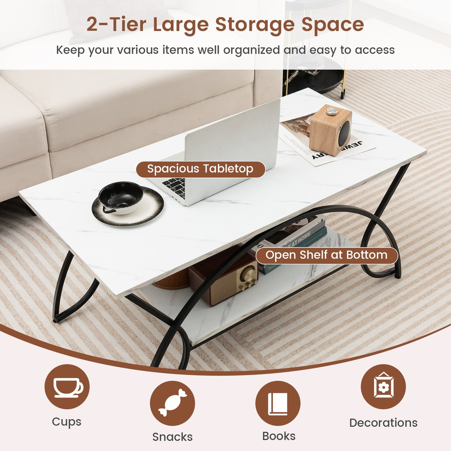 Modern 2 Tier Faux Marble Coffee Table with Metal Frame – Black & White