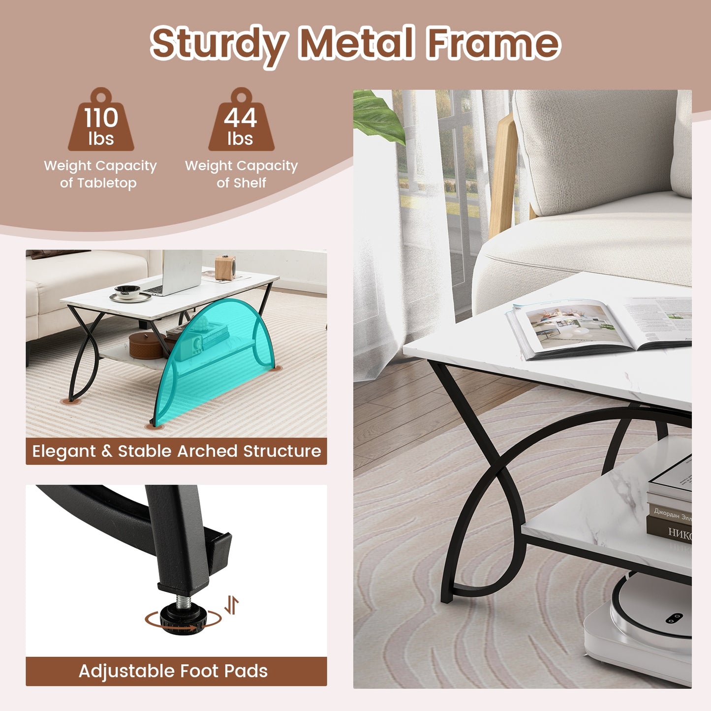 Modern 2 Tier Faux Marble Coffee Table with Metal Frame – Black & White