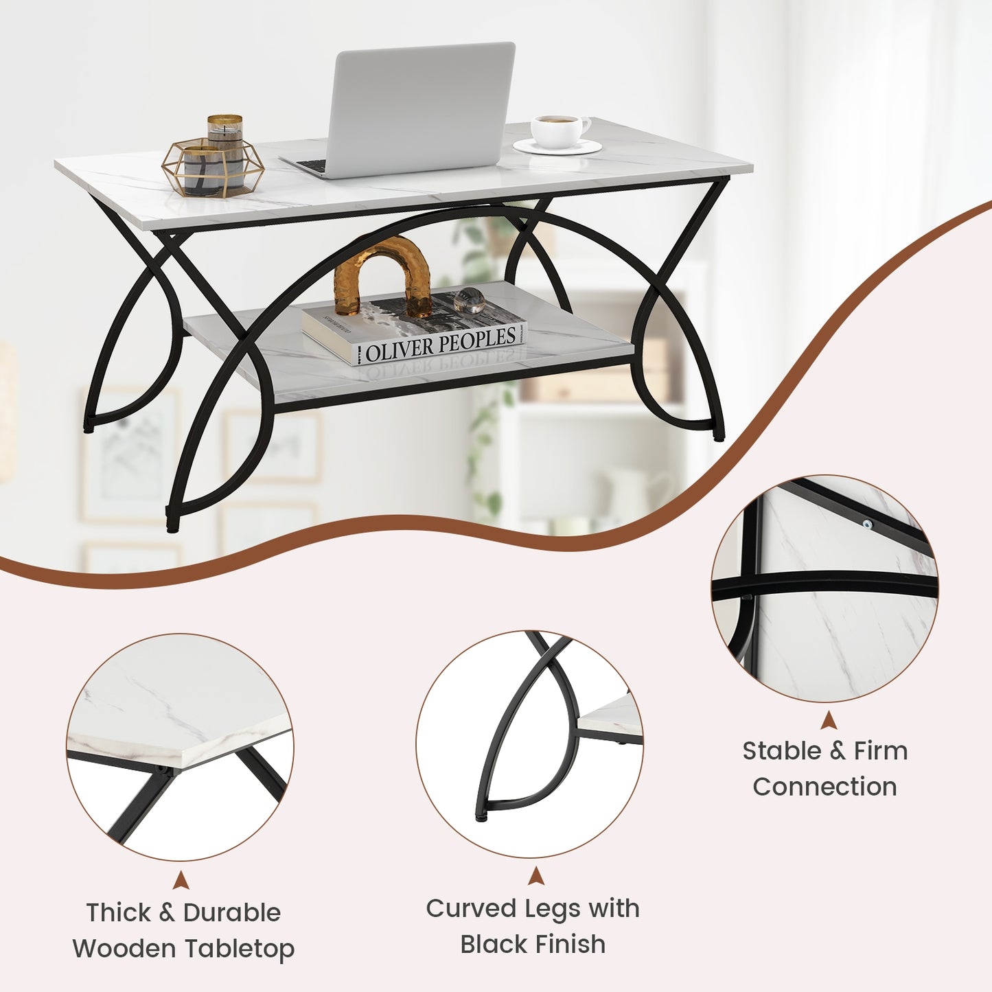 Modern 2 Tier Faux Marble Coffee Table with Metal Frame – Black & White