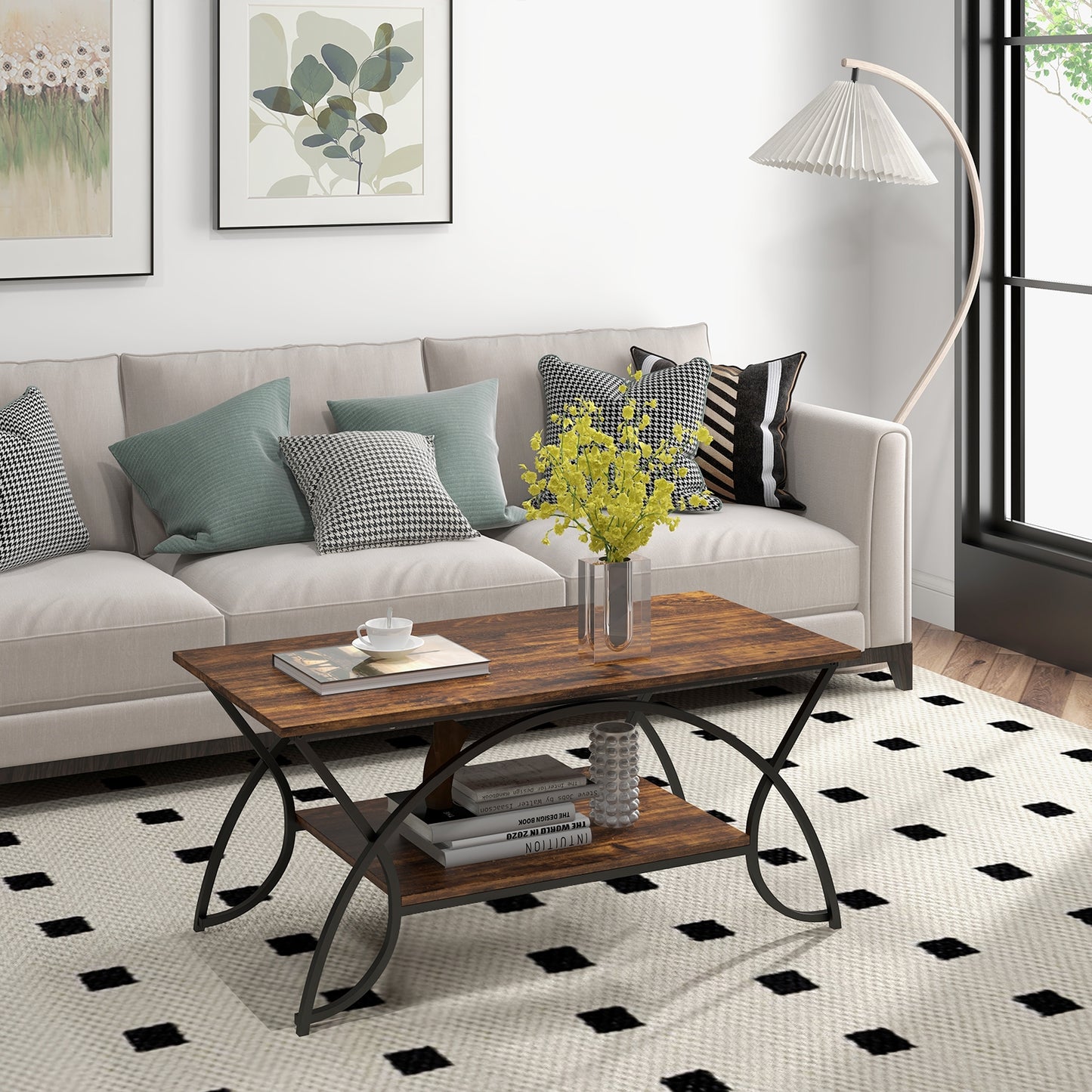 Modern 2 Tier Faux Marble Coffee Table with Metal Frame – Rustic Brown
