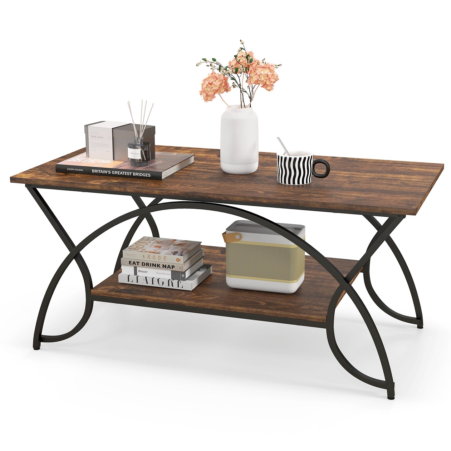 Modern 2 Tier Faux Marble Coffee Table with Metal Frame – Rustic Brown