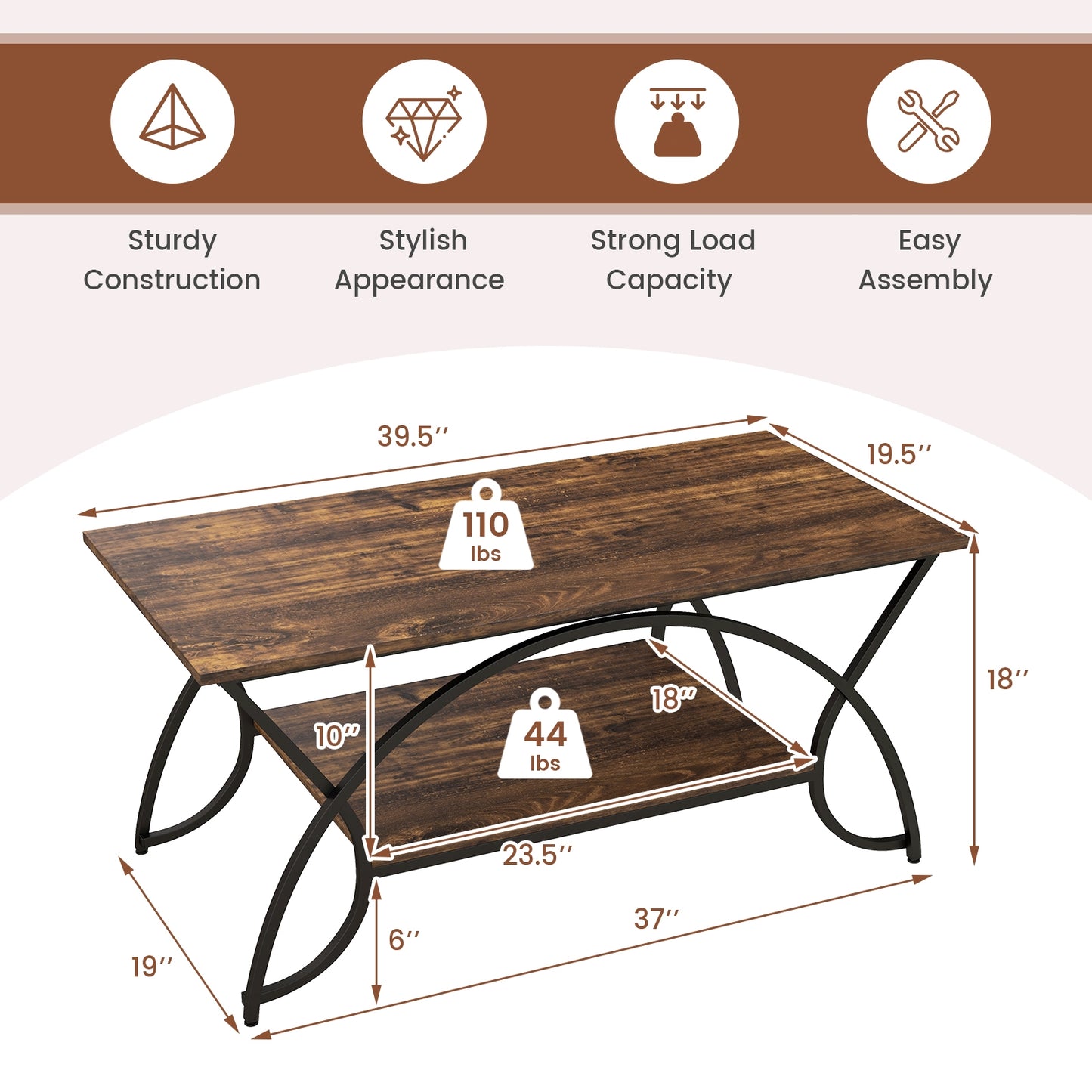 Modern 2 Tier Faux Marble Coffee Table with Metal Frame – Rustic Brown