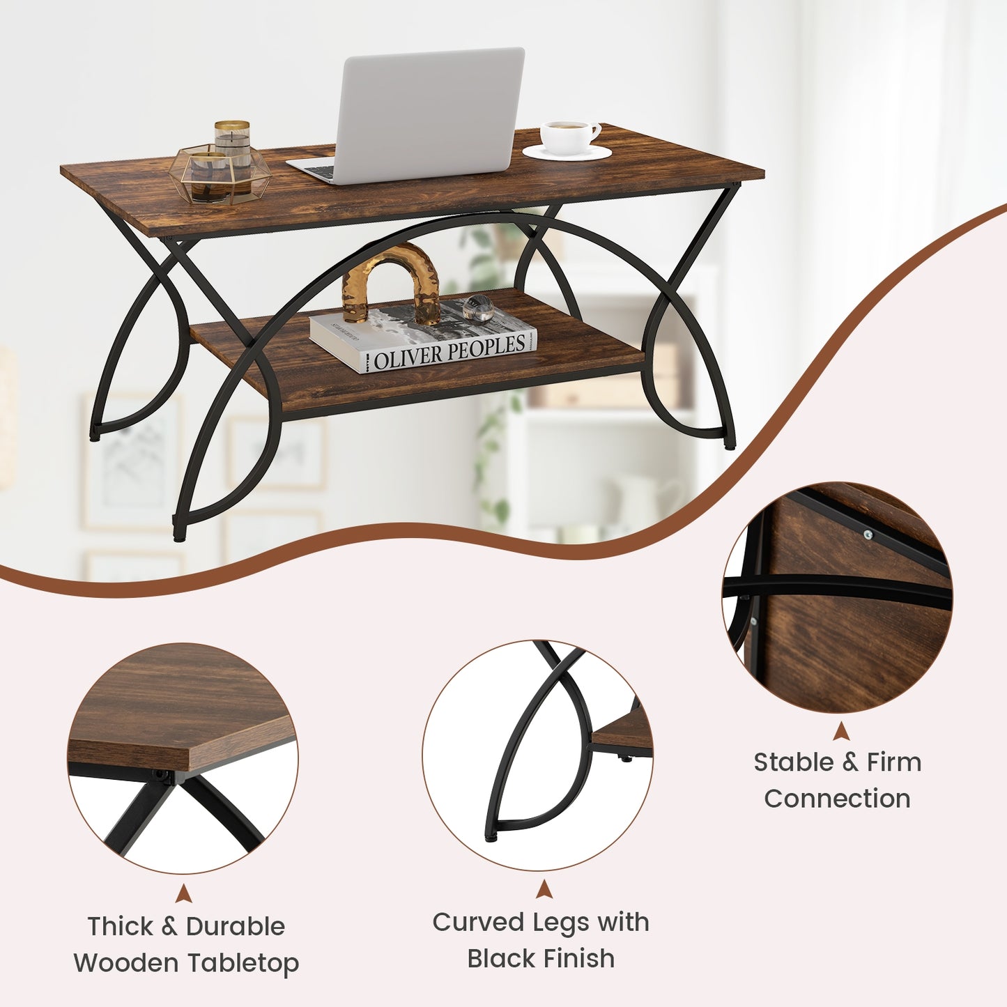 Modern 2 Tier Faux Marble Coffee Table with Metal Frame – Rustic Brown