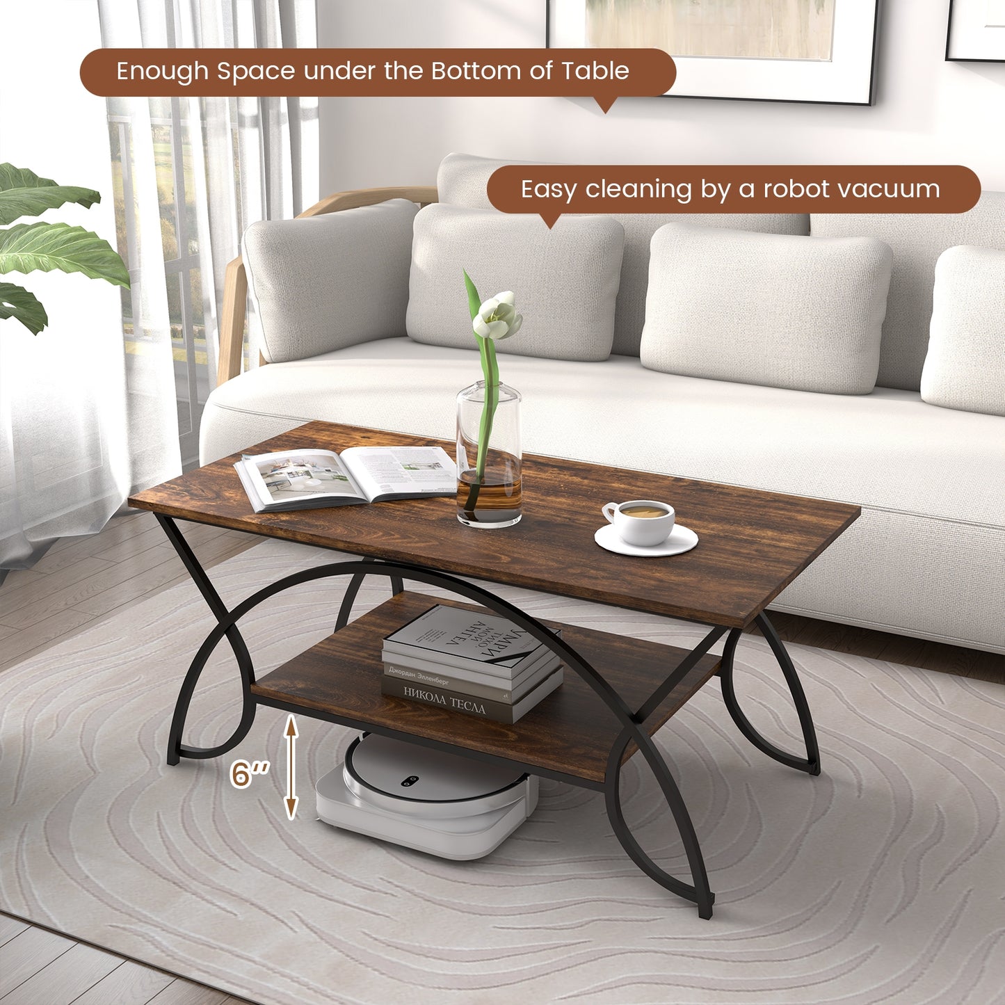 Modern 2 Tier Faux Marble Coffee Table with Metal Frame – Rustic Brown