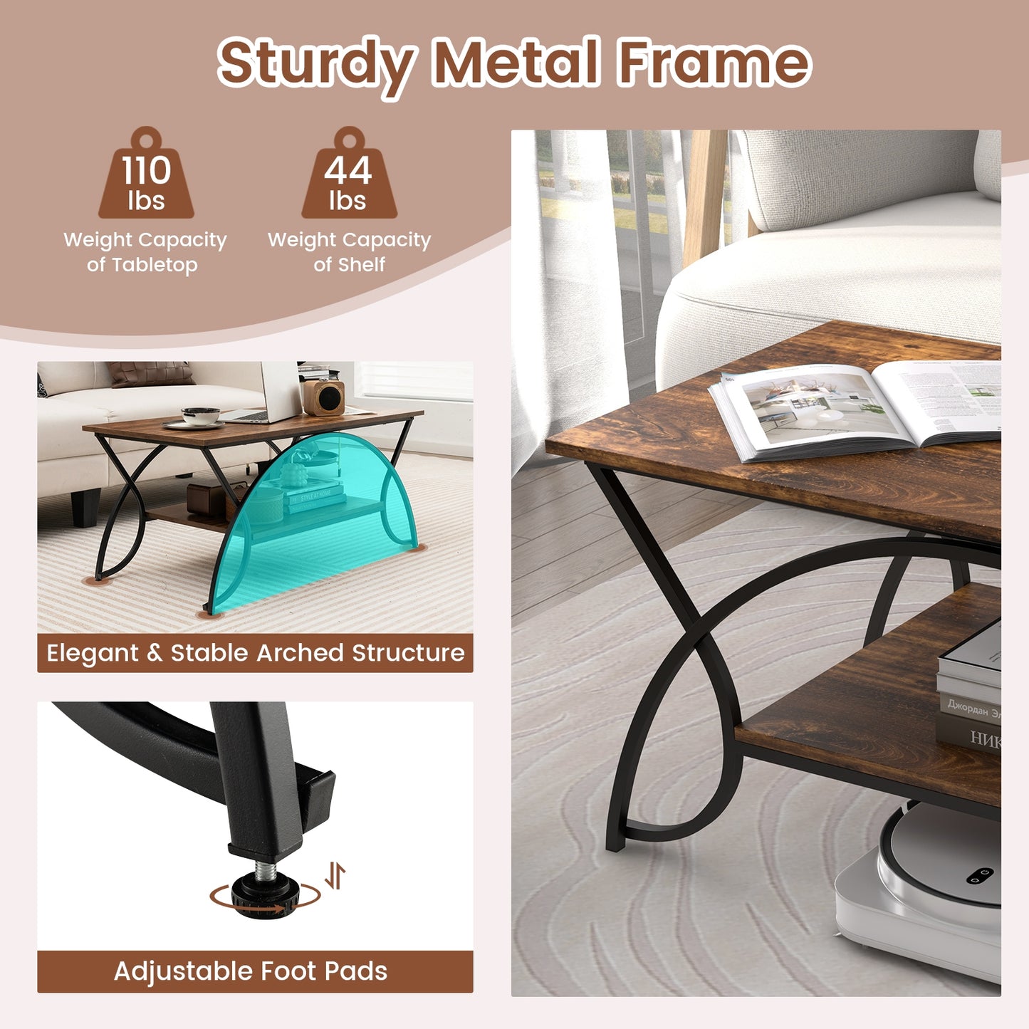 Modern 2 Tier Faux Marble Coffee Table with Metal Frame – Rustic Brown