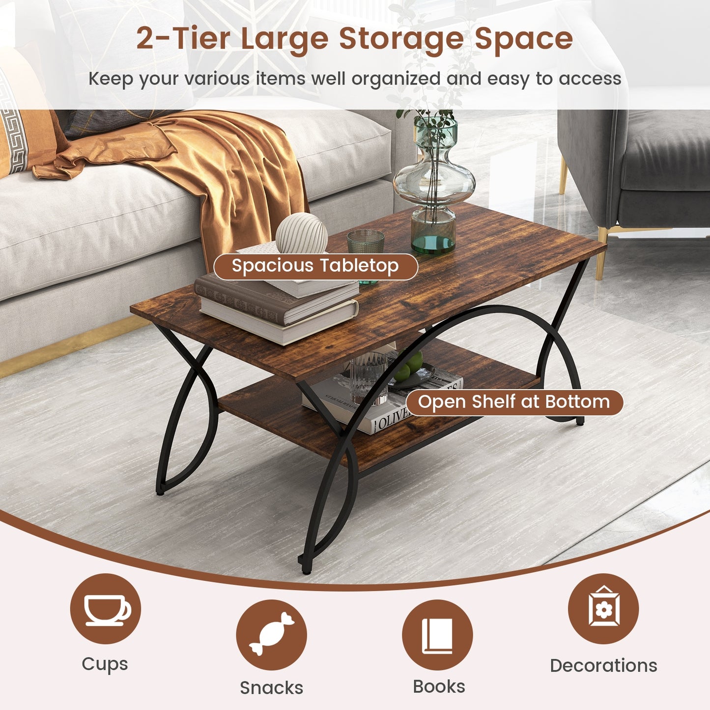 Modern 2 Tier Faux Marble Coffee Table with Metal Frame – Rustic Brown