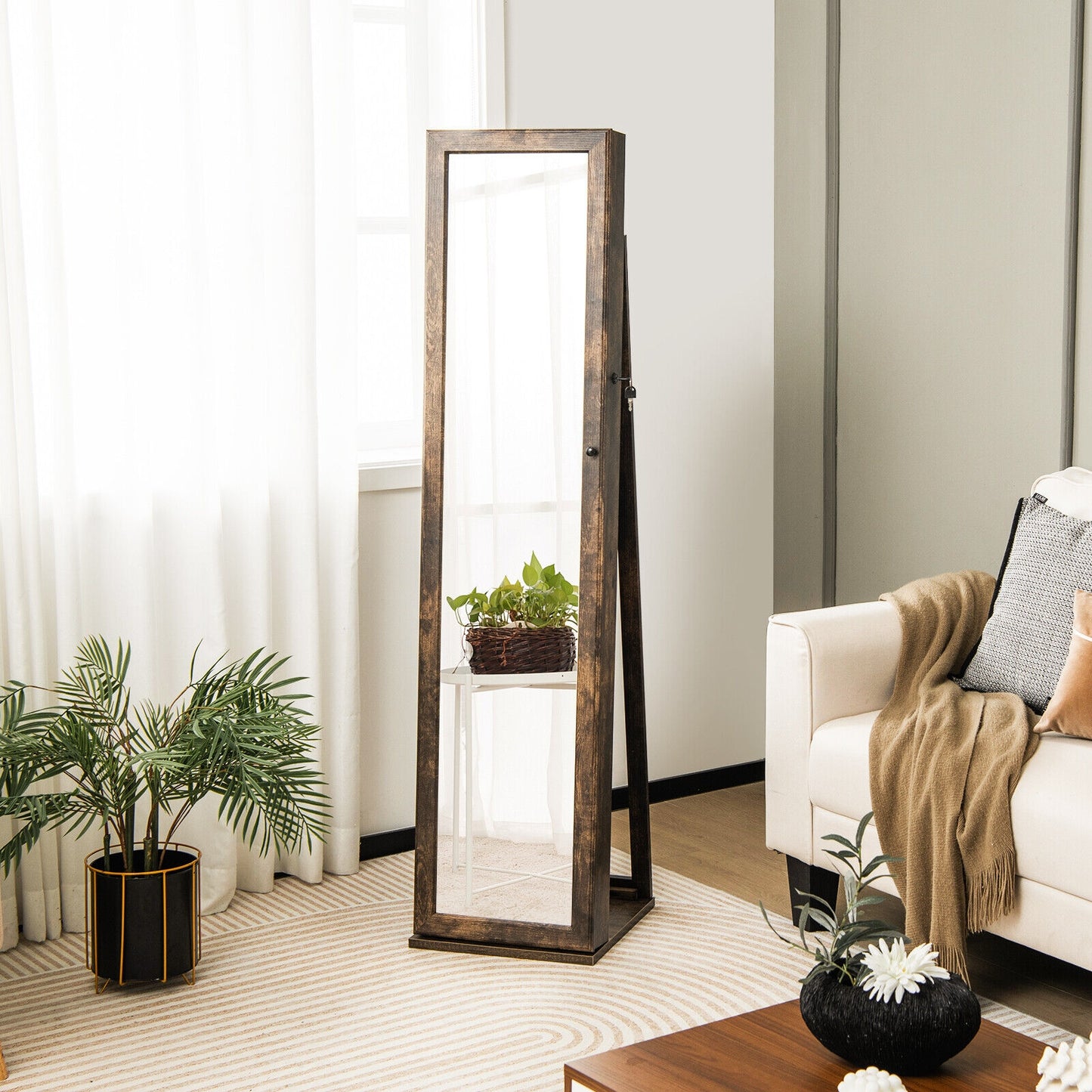 Tall Freestanding Mirror Jewelry Cabinet with Key Lock and Velvet Interior Brown