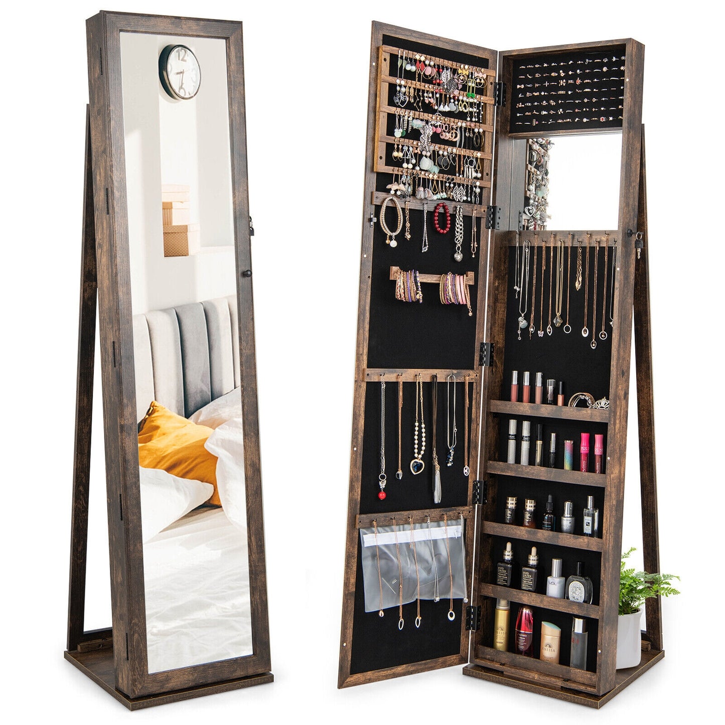 Tall Freestanding Mirror Jewelry Cabinet with Key Lock and Velvet Interior Brown