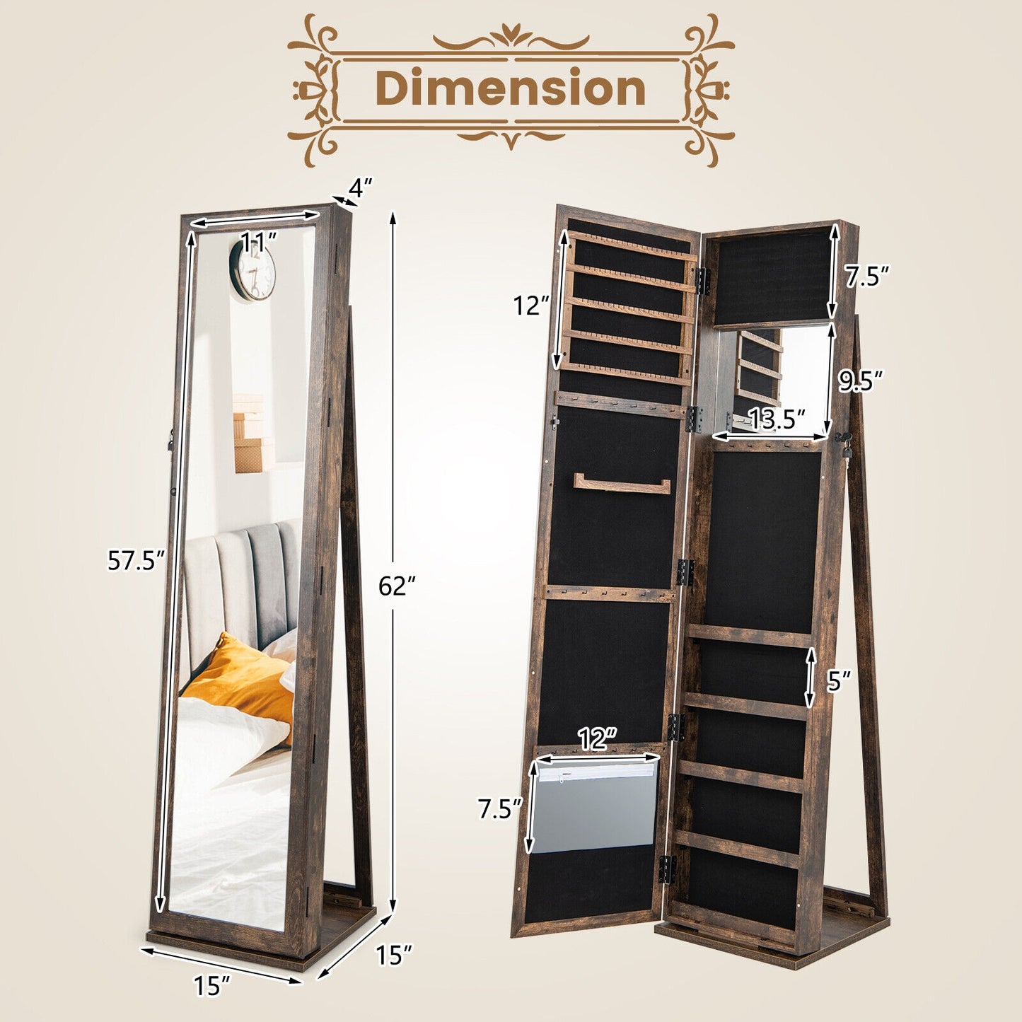 Tall Freestanding Mirror Jewelry Cabinet with Key Lock and Velvet Interior Brown