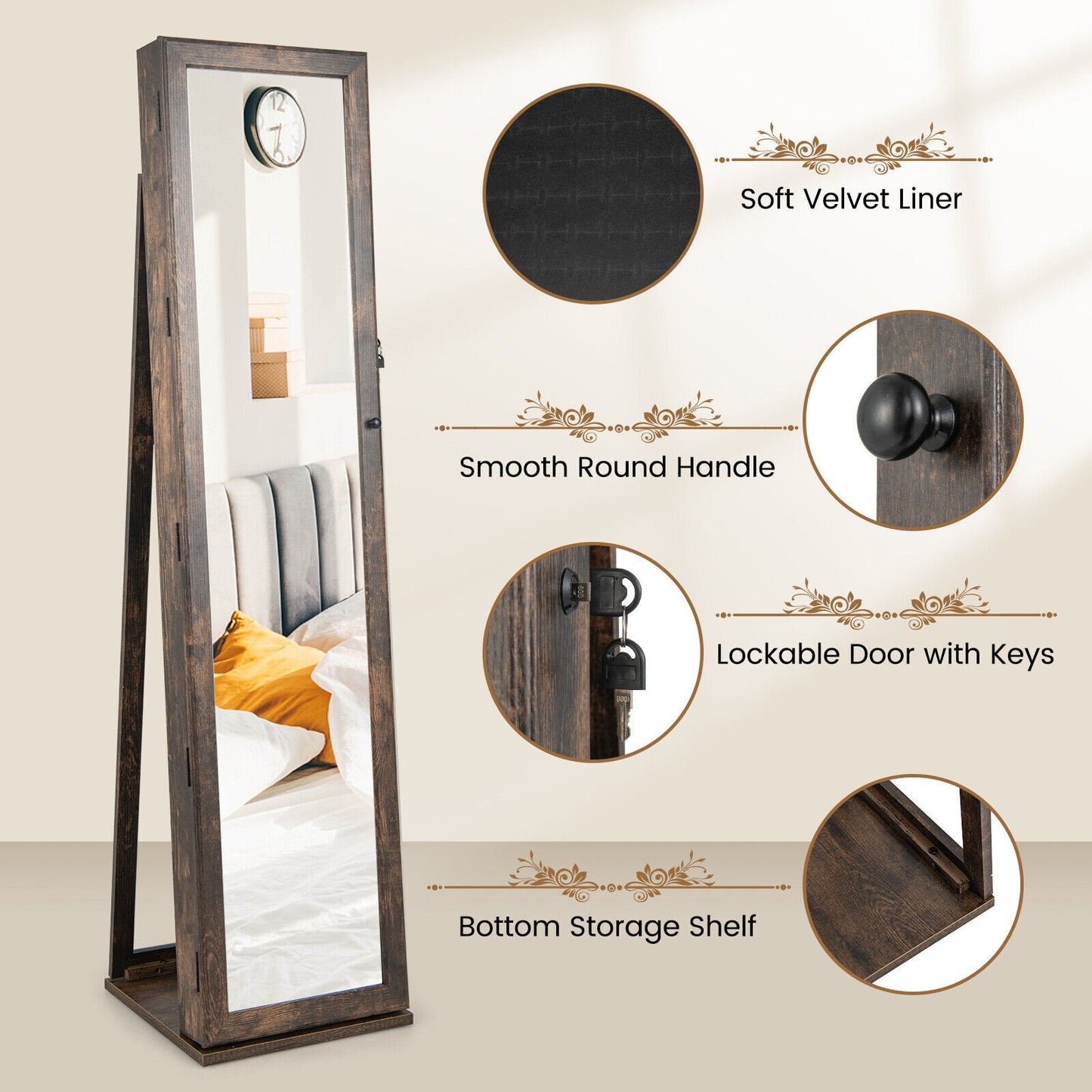 Tall Freestanding Mirror Jewelry Cabinet with Key Lock and Velvet Interior Brown